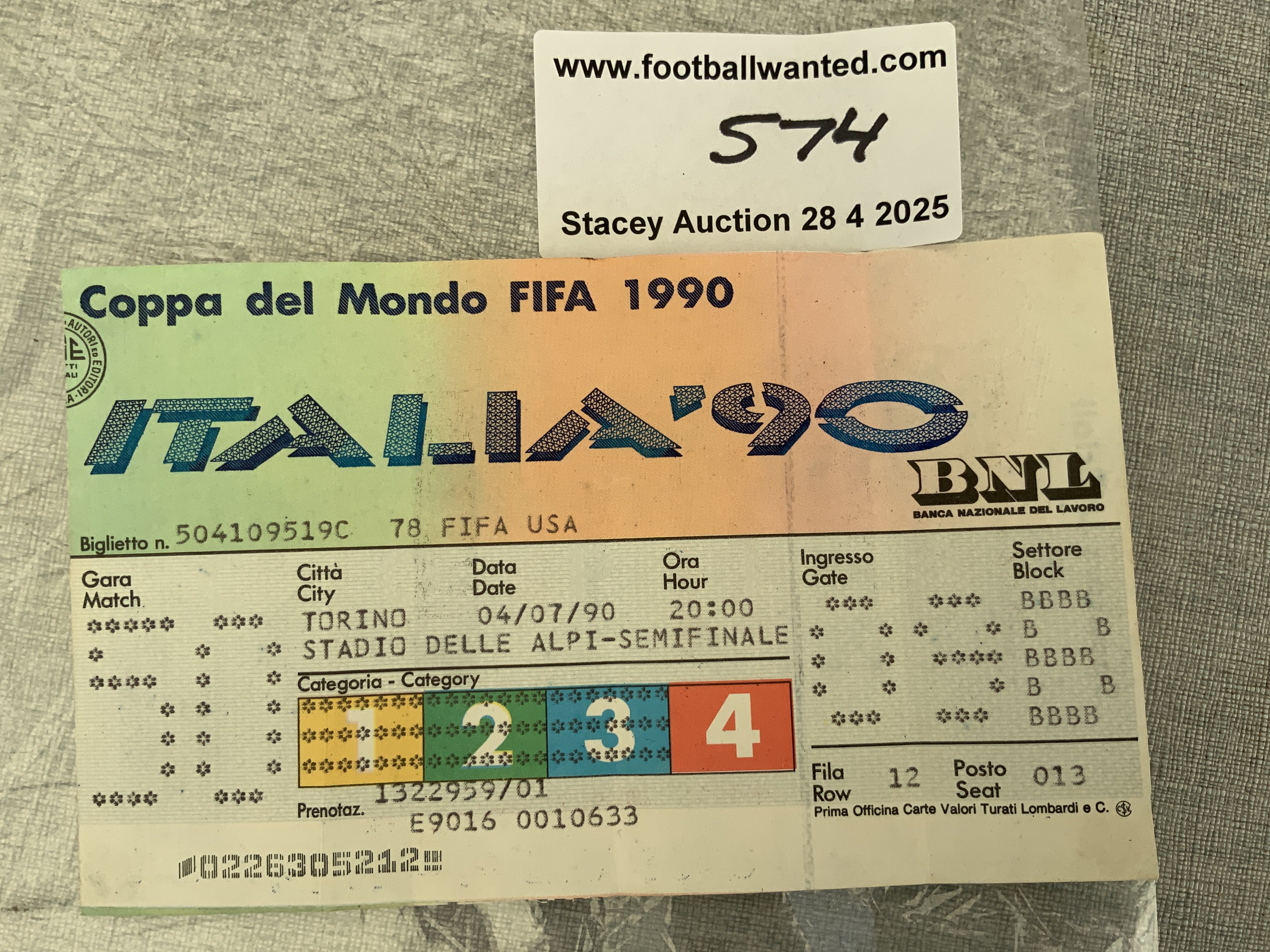 1990 World Cup Semi Final Football Ticket: England v West Germany played in Torino on 4 7 1990. Good condition with folding.