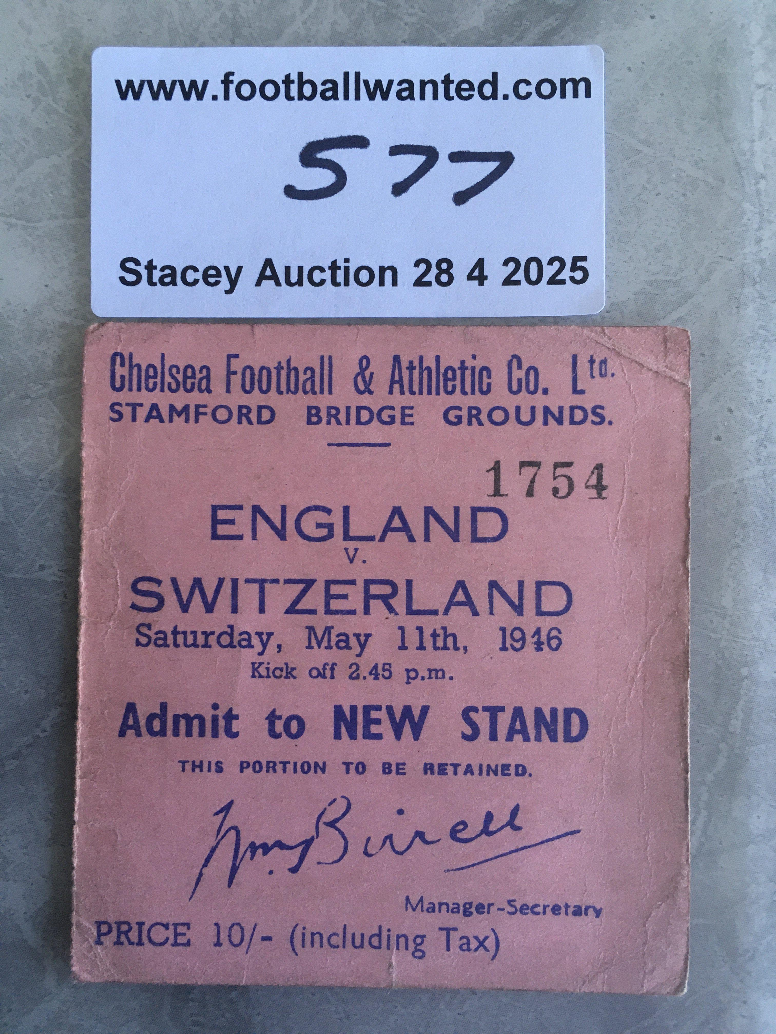 1946 England v Switzerland Football Ticket: Full International played Chelsea on 11 5 1948. Tiny crease but overall good.