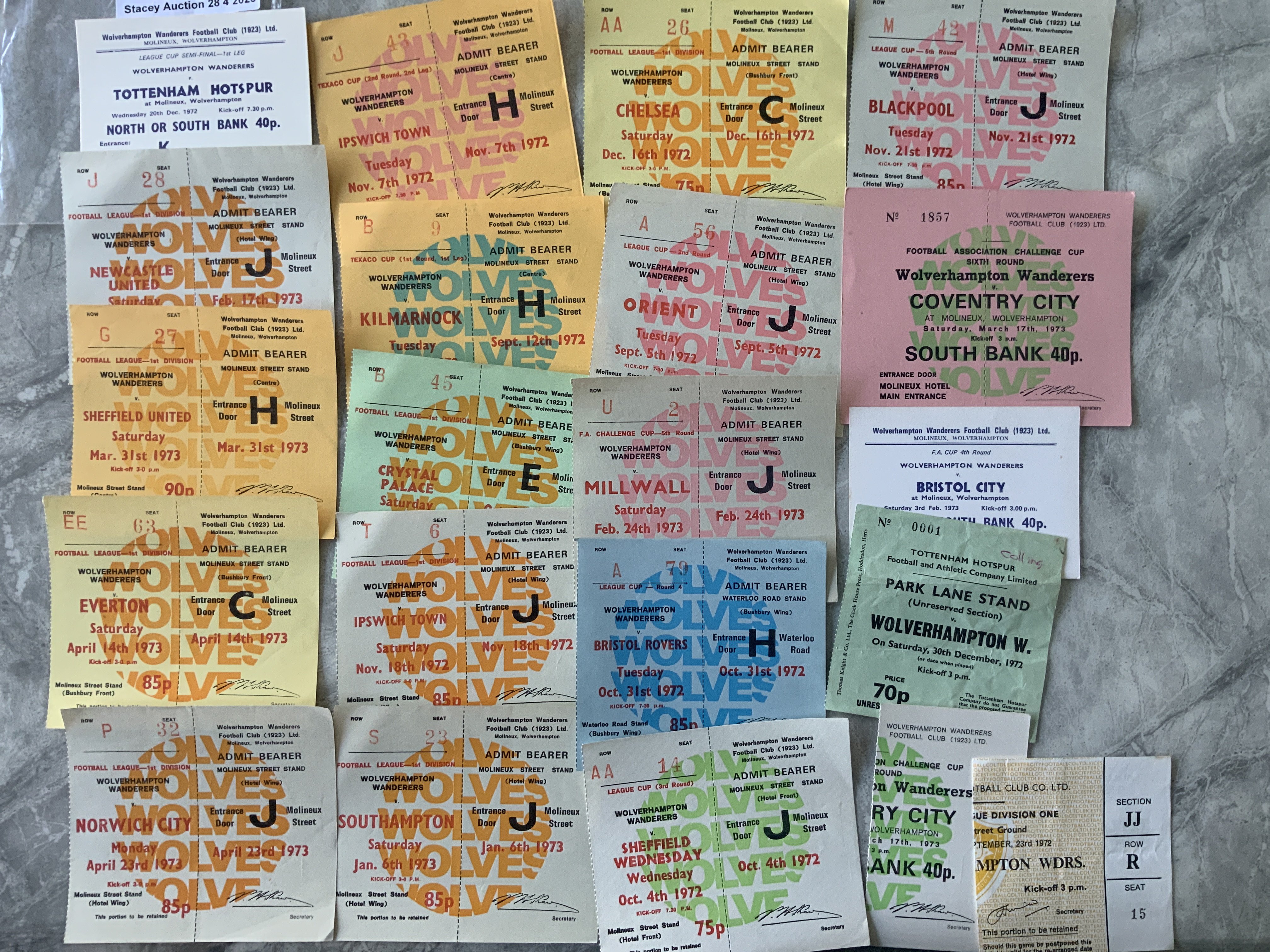 72/73 Wolves Home Football Tickets: Includes Tottenham LCSF home and away, Ipswich + Kilmarnock Texaco Cup, Bristol Rovers Orient Blackpool League Cup and Millwall Coventry + Bristol City FA Cup. (21)