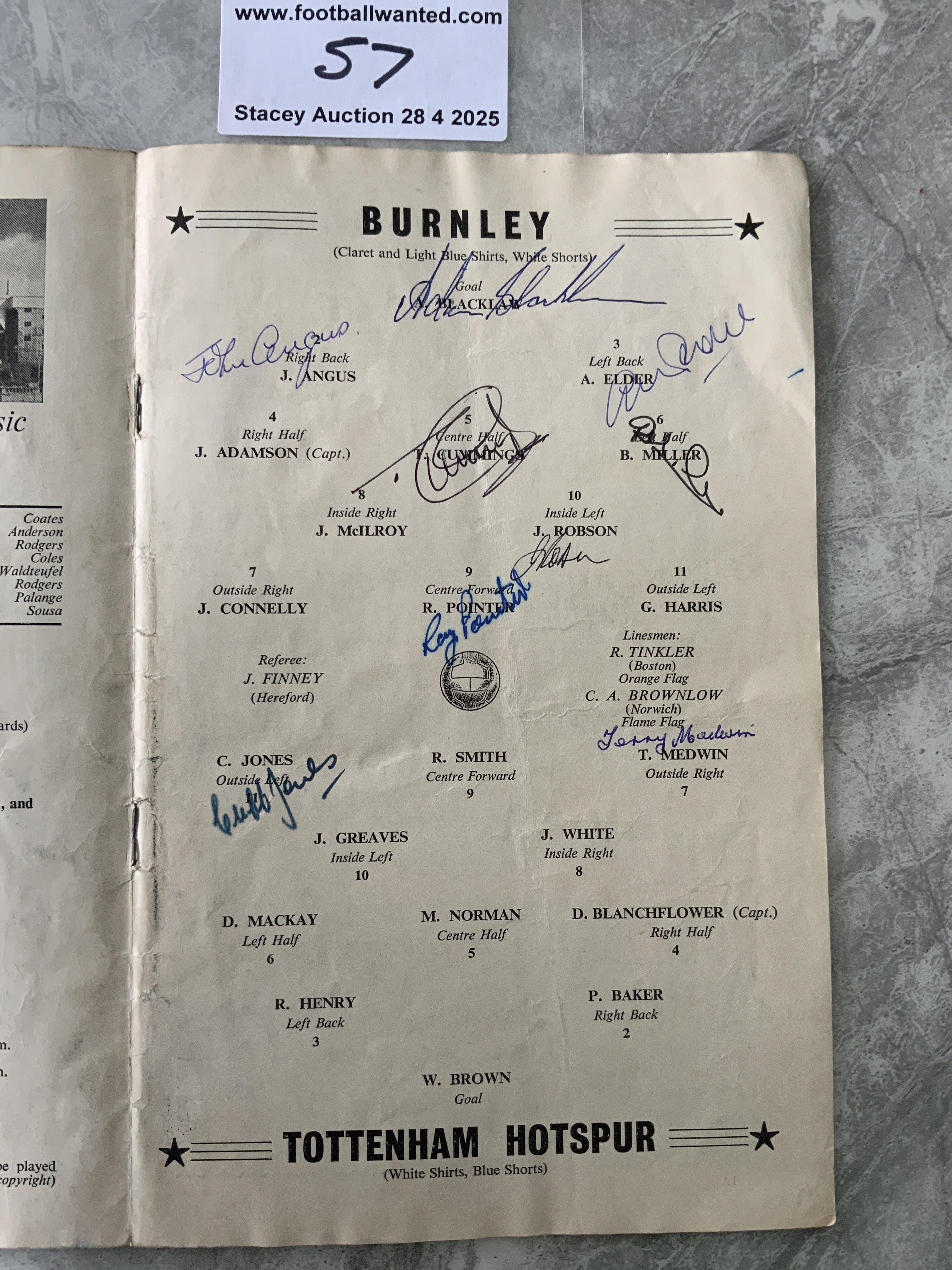 1962 Burnley v Tottenham Signed FA Cup Final Football Programme: Centre team page is signed by 7 Burnley and 2 Spurs players. Burnley team picture is additionally signed by 8. Medwin and Jones have signed a few times in the below average condition programme.