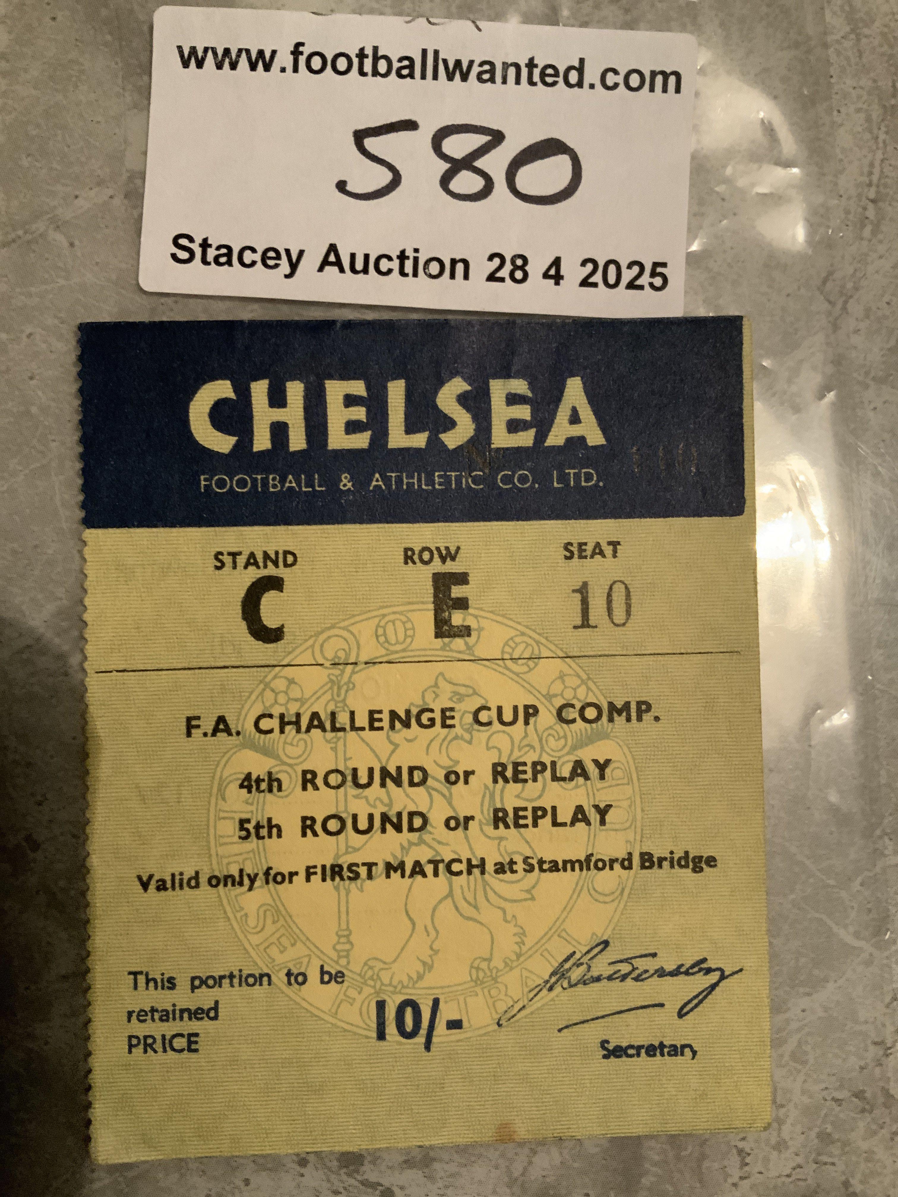 57/58 Chelsea v Darlington FA Cup Football Ticket: No date to ticket but confirmed as correct match by an expert. Address written to rear.