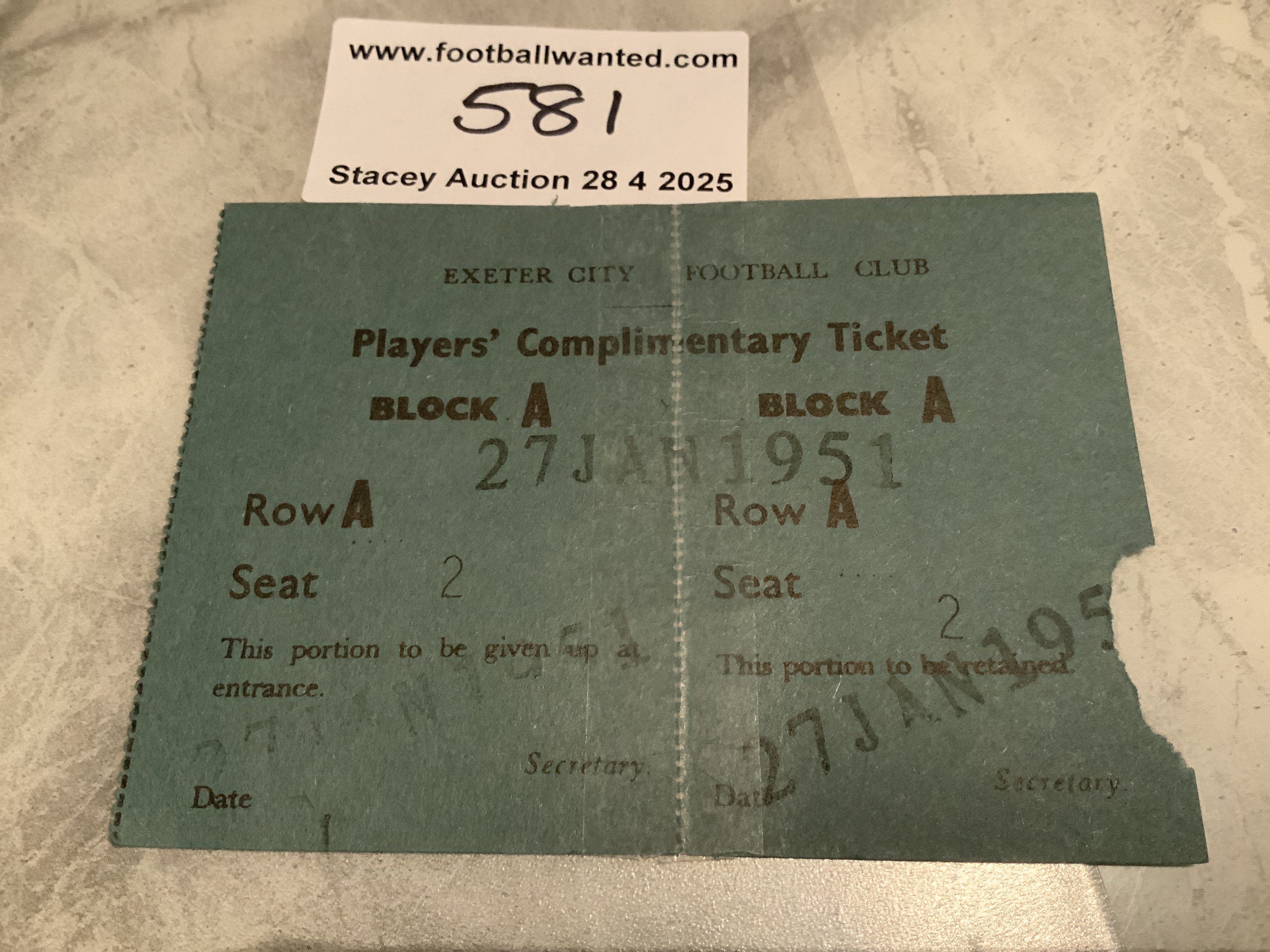 50/51 Exeter City v Chelsea FA Cup Football Ticket: Both pieces of players complimentary ticket professionally reattached with the right hand side having small piece torn off. Date stamped 27 Jan 1951.
