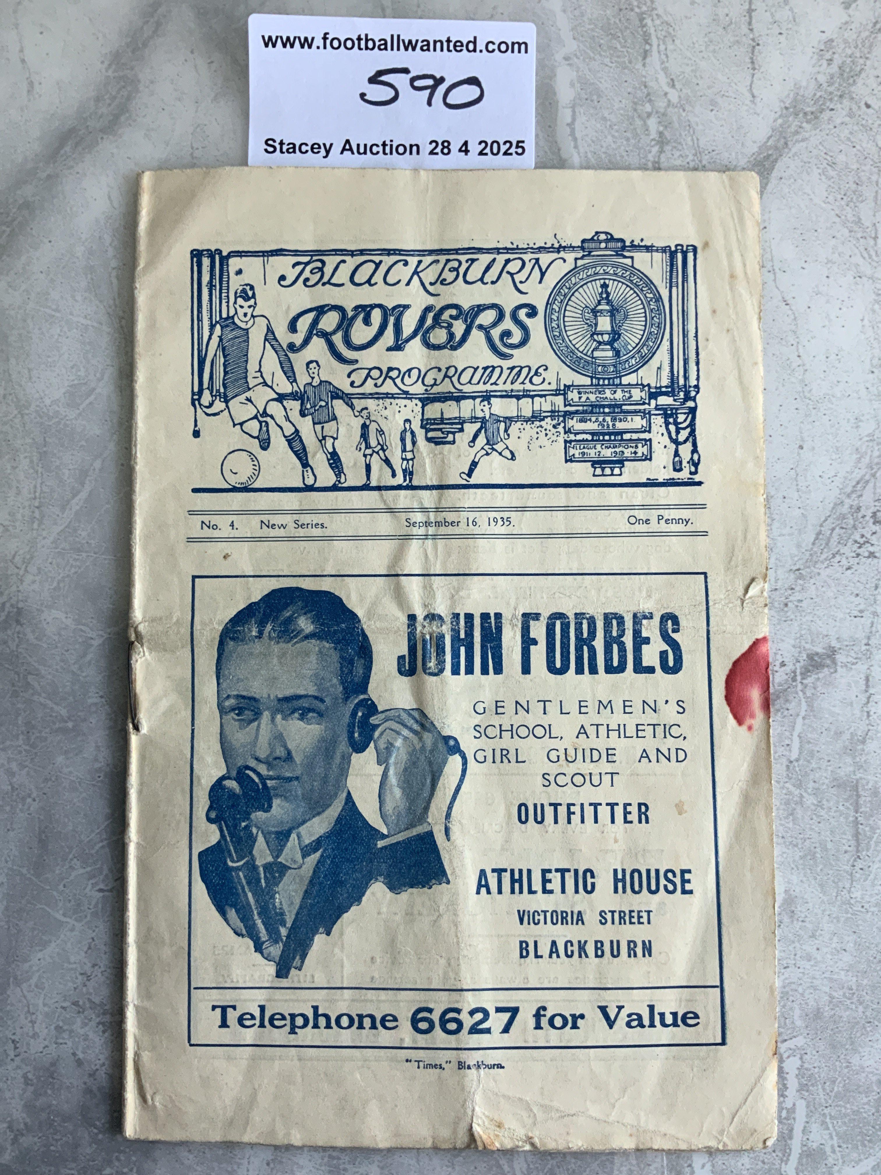 35/36 Blackburn Rovers v Chelsea Football Programme: Fair condition league match dated 16 9 1935. Small red stain throughout programme which has a couple of tiny tears to edge.