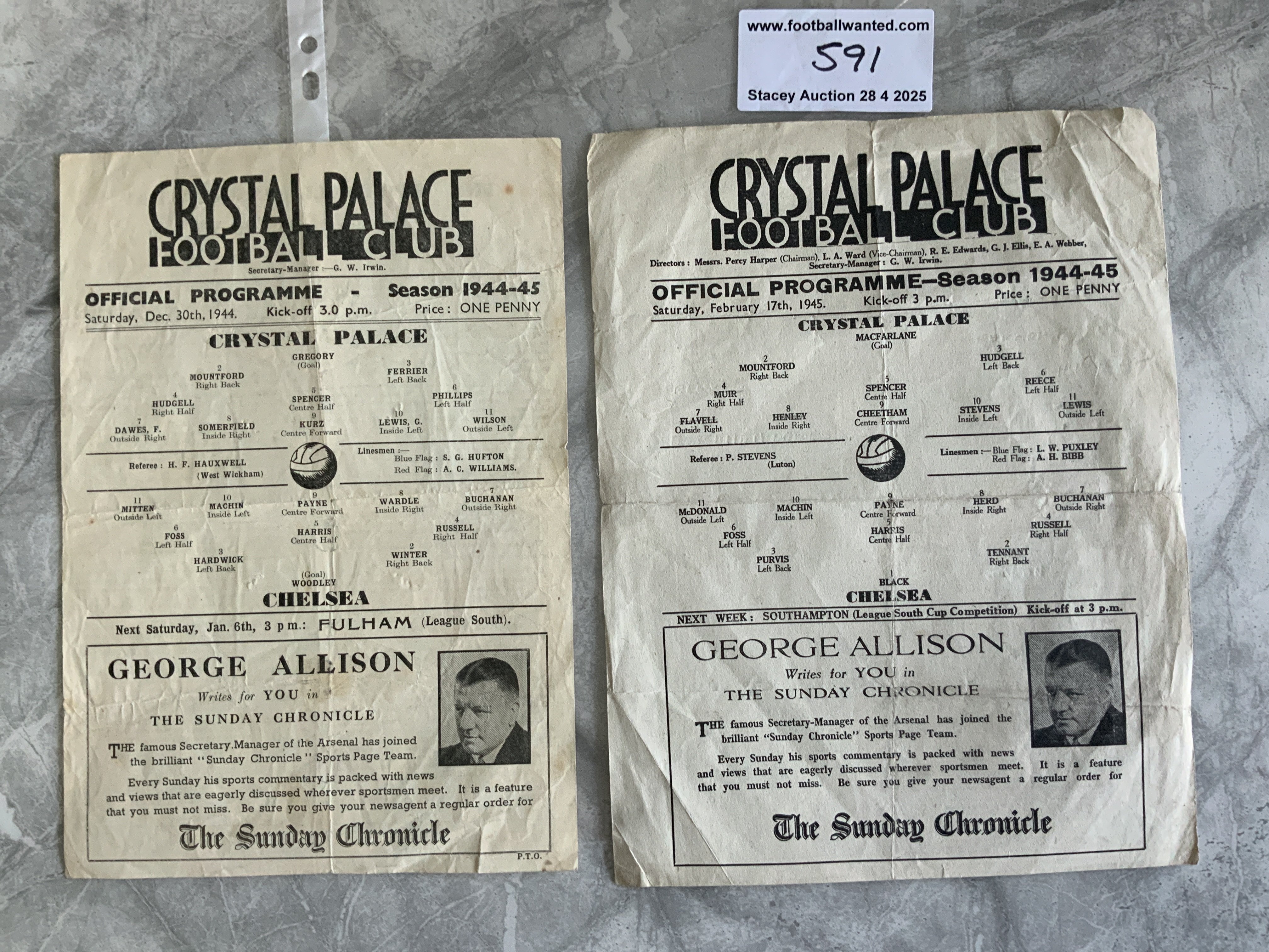 44/45 Crystal Palace v Chelsea Football Programmes: League and cup single sheets in fair condition with no team changes. Few marks to rear and folding. (2)