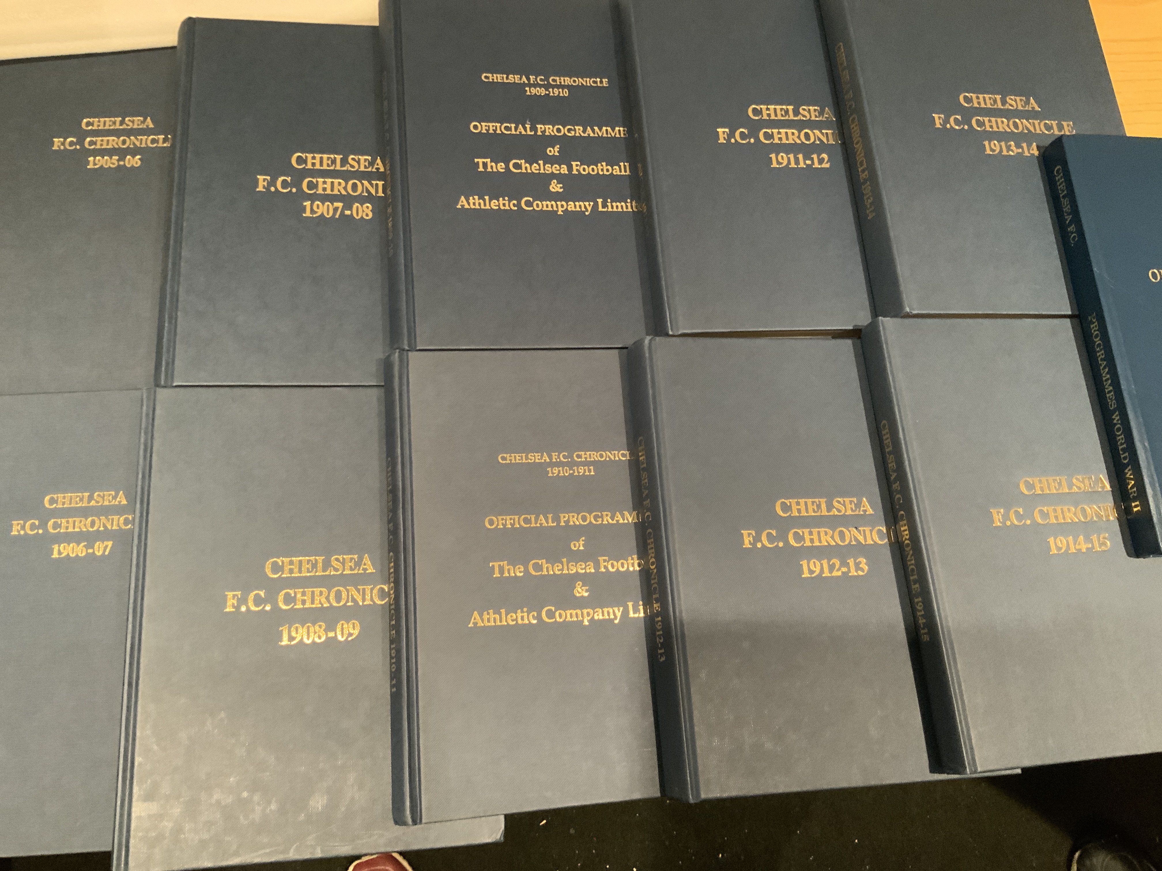 Chelsea Pre 1st World War Replica Bound Football Programmes: Chelsea Chronicles from 1905/06 to 1914/15 plus the volume of 2nd World War programmes from 1939 to 1946. (11 volumes)
