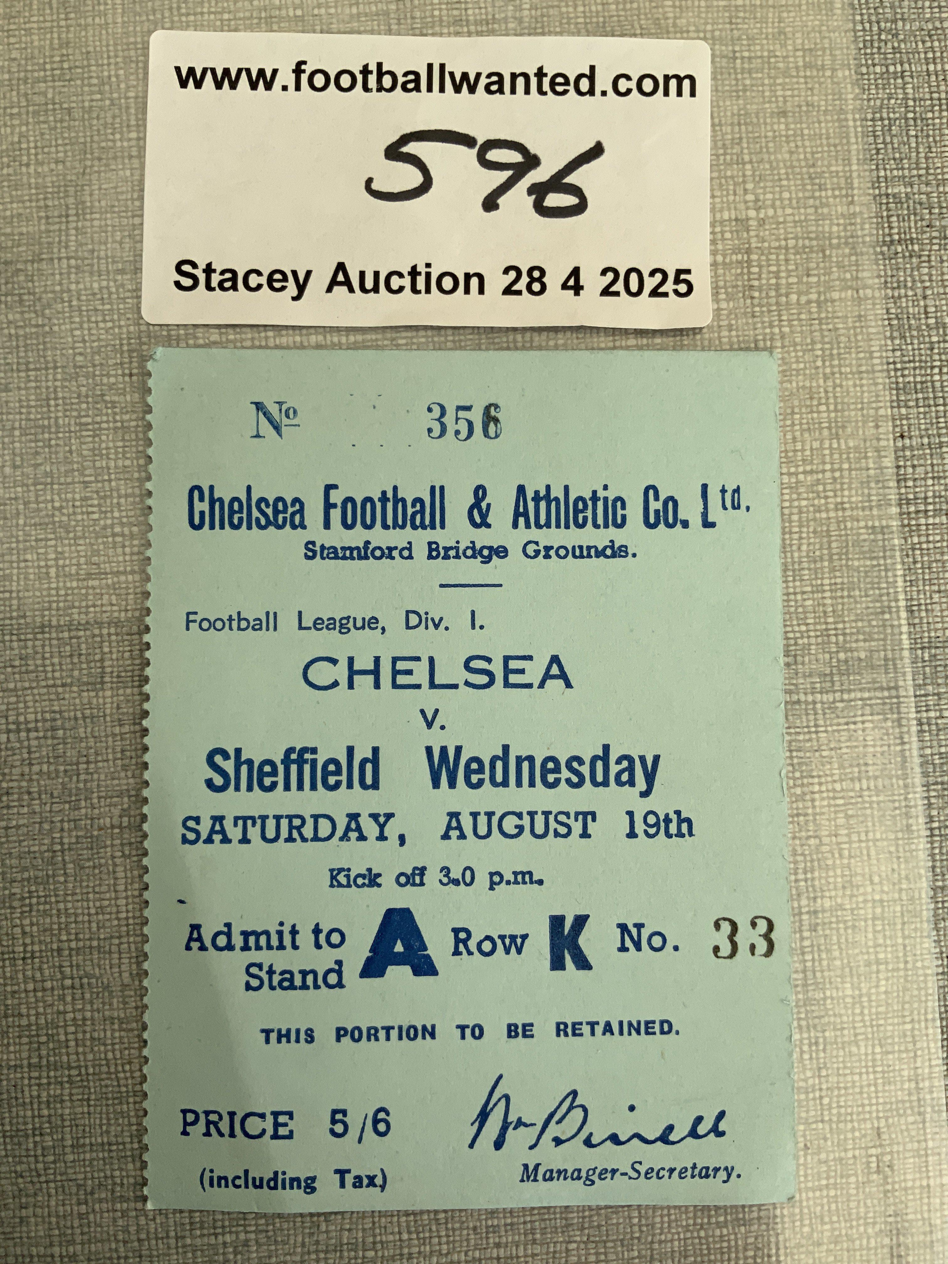 50/51 Chelsea v Sheffield Wednesday Football Ticket: Excellent condition league ticket dated 19 8 1950. Writing to rear.