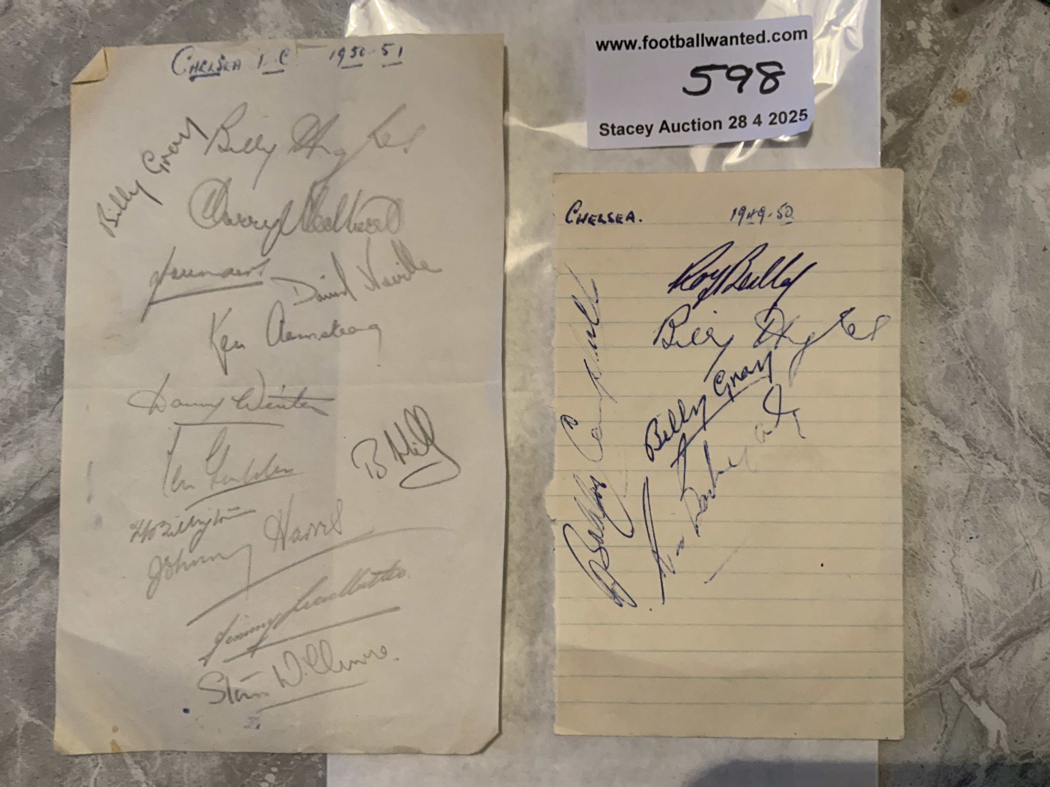 49/50 + 50/51 Chelsea Football Autographs: Exercise book page from 49/50 signed by 5 including Roy Bentley and Billy Gray. C/W a page from 50/51 signed by 13 including Armstrong and Hughes.