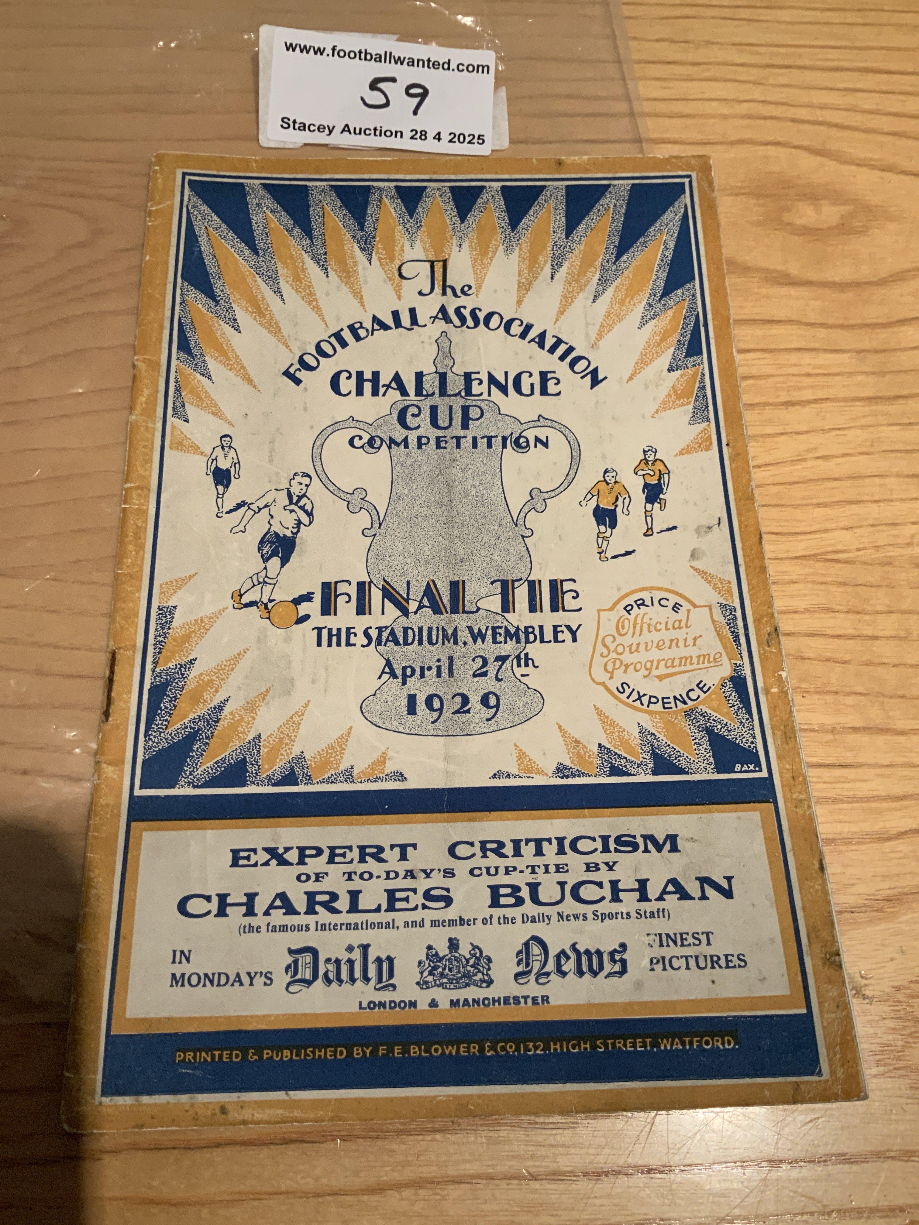 1929 FA Cup Final Football Programme: Bolton v Portsmouth in very good condition with no team changes. Rusty staples holding firm.