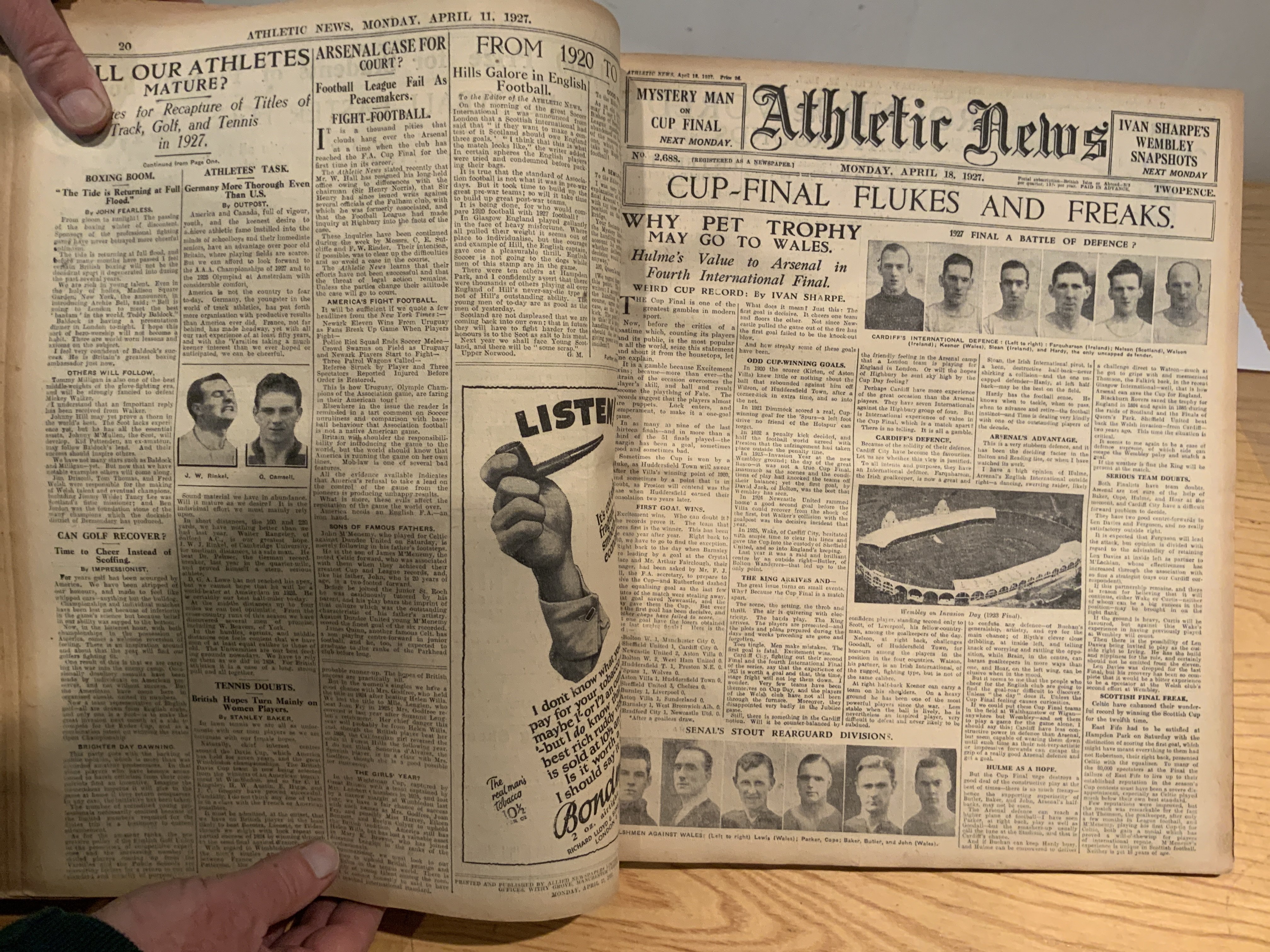 1926 - 1927 Athletic News Bound Volume Of Sport Magazines: From August 2nd 1926 to May 9th 1927 and we believe this is a complete run of the weekly newspaper. Every volume covers football including the Cardiff v Arsenal FA Cup final. Big feature on Portsmouth promotion back to division one. Other sports include Ashes Cricket Rugby Union + League Athletics Running and more. Small format heavy bound volume of which outer board has become detached.