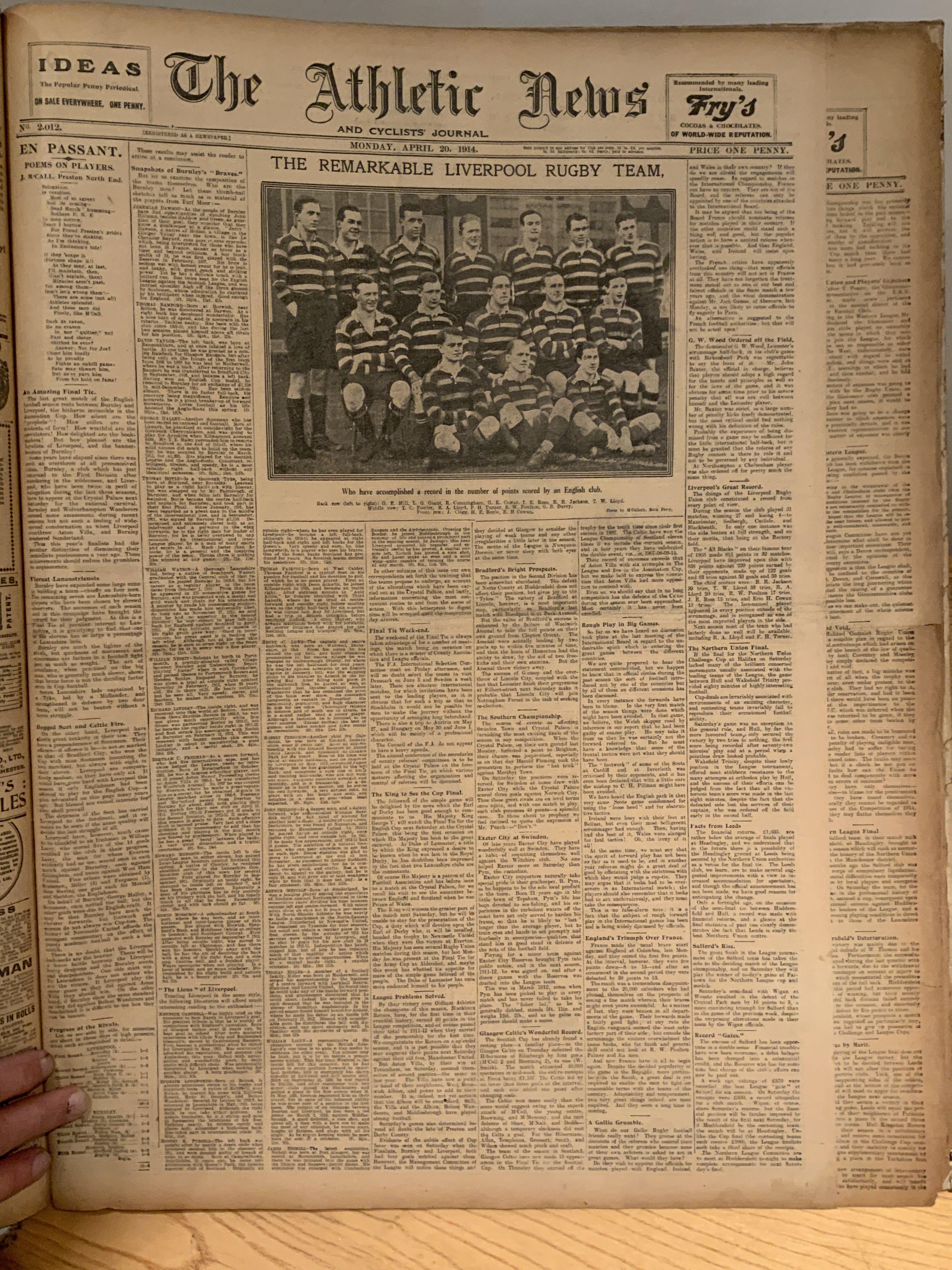 1913 - 1914 Athletic News Bound Volume Of Sport Magazines: From August 4th 1913 to April 27th 1914 and we believe this is a complete run of the weekly newspaper. Every volume covers football including the Burnley v Liverpool FA Cup final and the Kings attendance plus the FA Jubilee. Other sports included. Large format heavy bound volume.