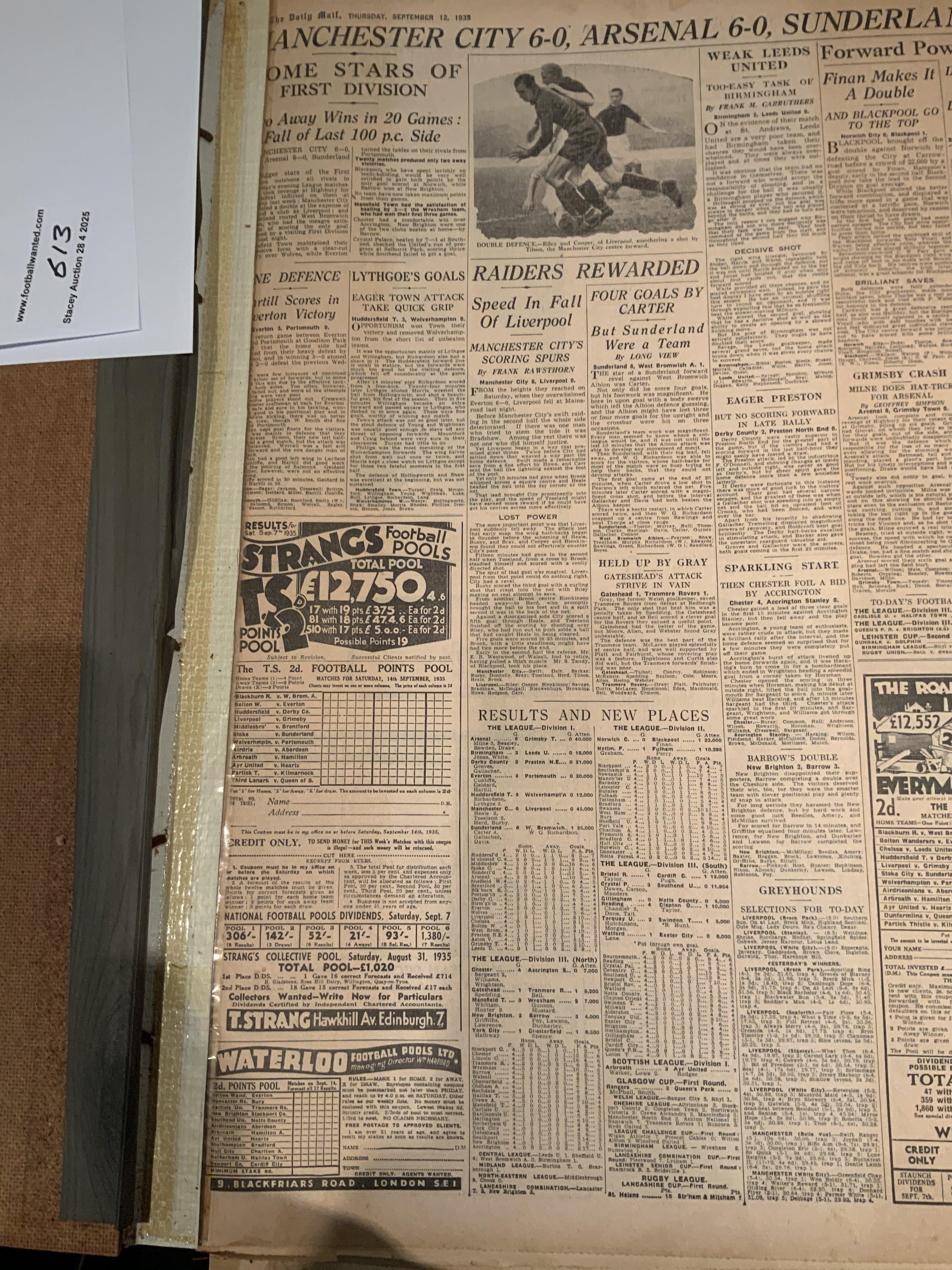 1935 - 1937 Bound Volume Of Sport Magazines: From September 1935 to April 1937 of various newspapers including Sunday Express Sport and Liverpool Echo. Great features on Arsenals 1936 FA Cup semi and final, 1935 Ireland v England, West Ham v Port Vale. Other sports included. Large format heavy bound volume with some clippings cut out. Some pages are loose from the spine.