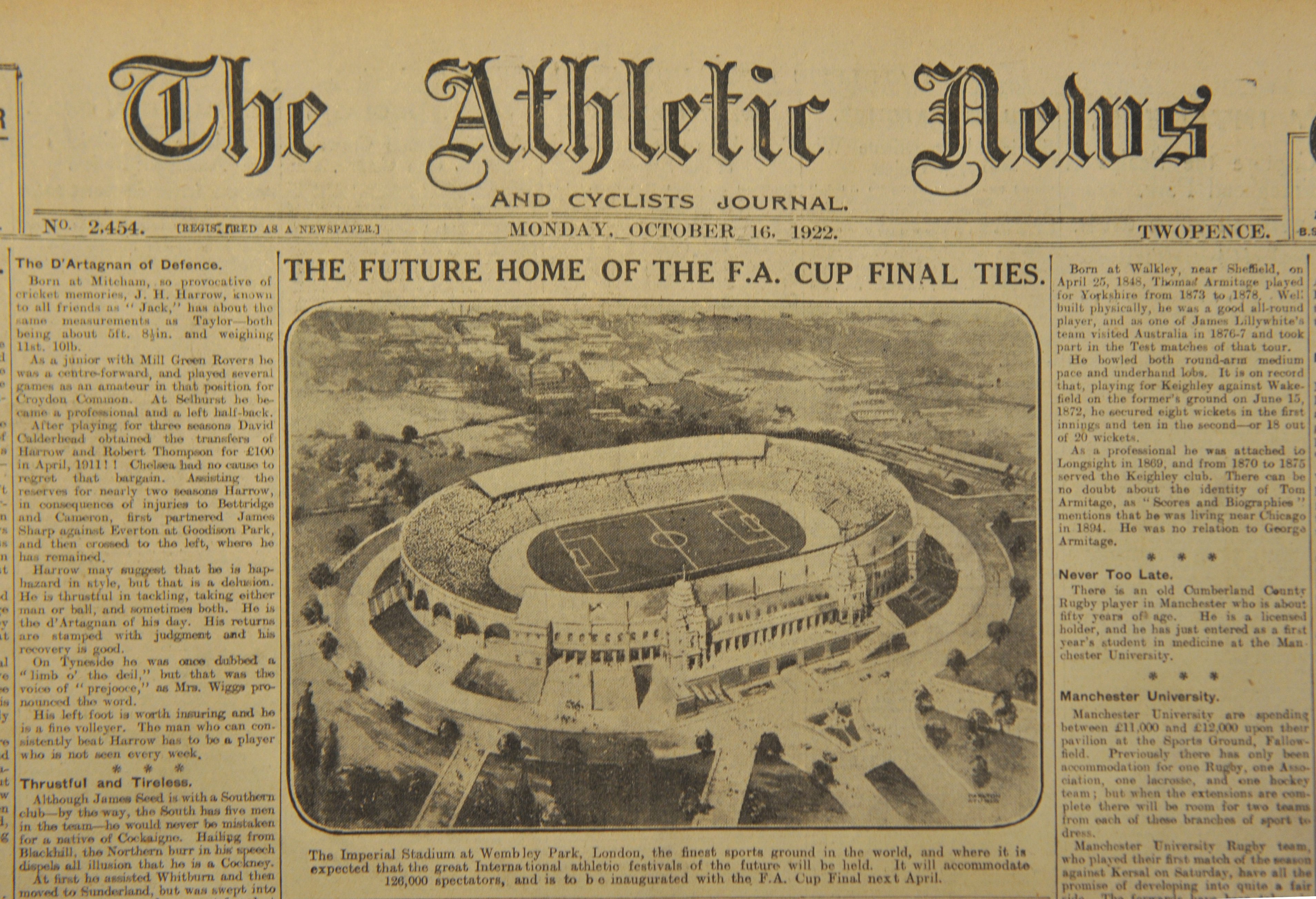 1922 - 1923 Athletic News Bound Volume Of Sport Magazines: From May 22nd 1922 to May 1st 1923 and we believe this is a complete run of the weekly newspaper. Every volume covers football including the first FA Cup final at Wembley Bolton v West Ham both before and after match plus both semi finals. Great features on Stoke City. Other sports include 1922 National Cycling Championships and Lancs v Yorkshire cricket. Large format heavy bound volume. Additionally there are several copies of the Sporting Chronicle.