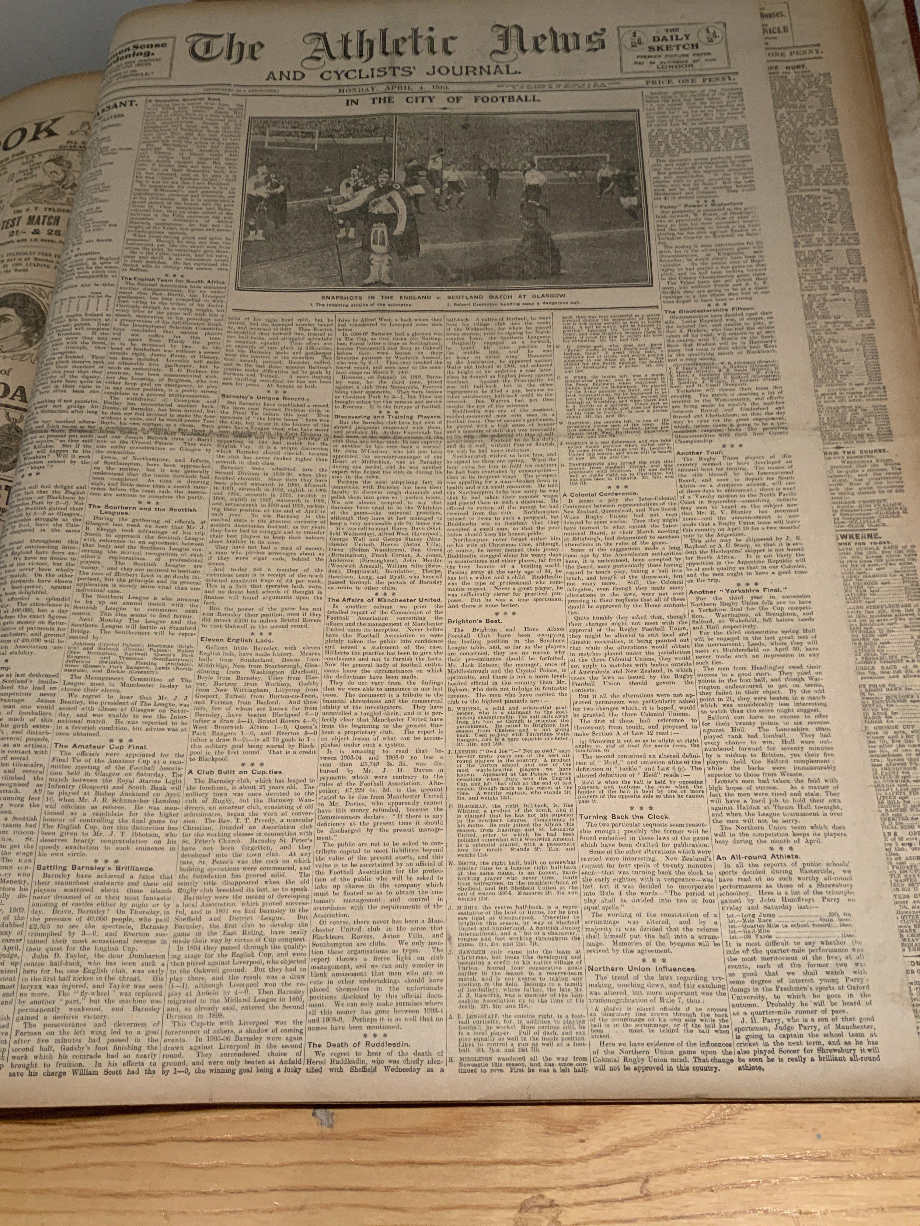 1909 - 1910 Athletic News Bound Volume Of Sport Magazines: From May 1st 1909 to June 27th 1910 and we believe this is a complete run of the weekly newspaper. Every volume covers football including the king at the Newcastle v Barnsley FA Cup final. Great features on 1st round of the FA Cup and semi finals. Other sports include 1909 Ashes. Large format heavy bound volume. Some cuttings have been taken from a few pages.