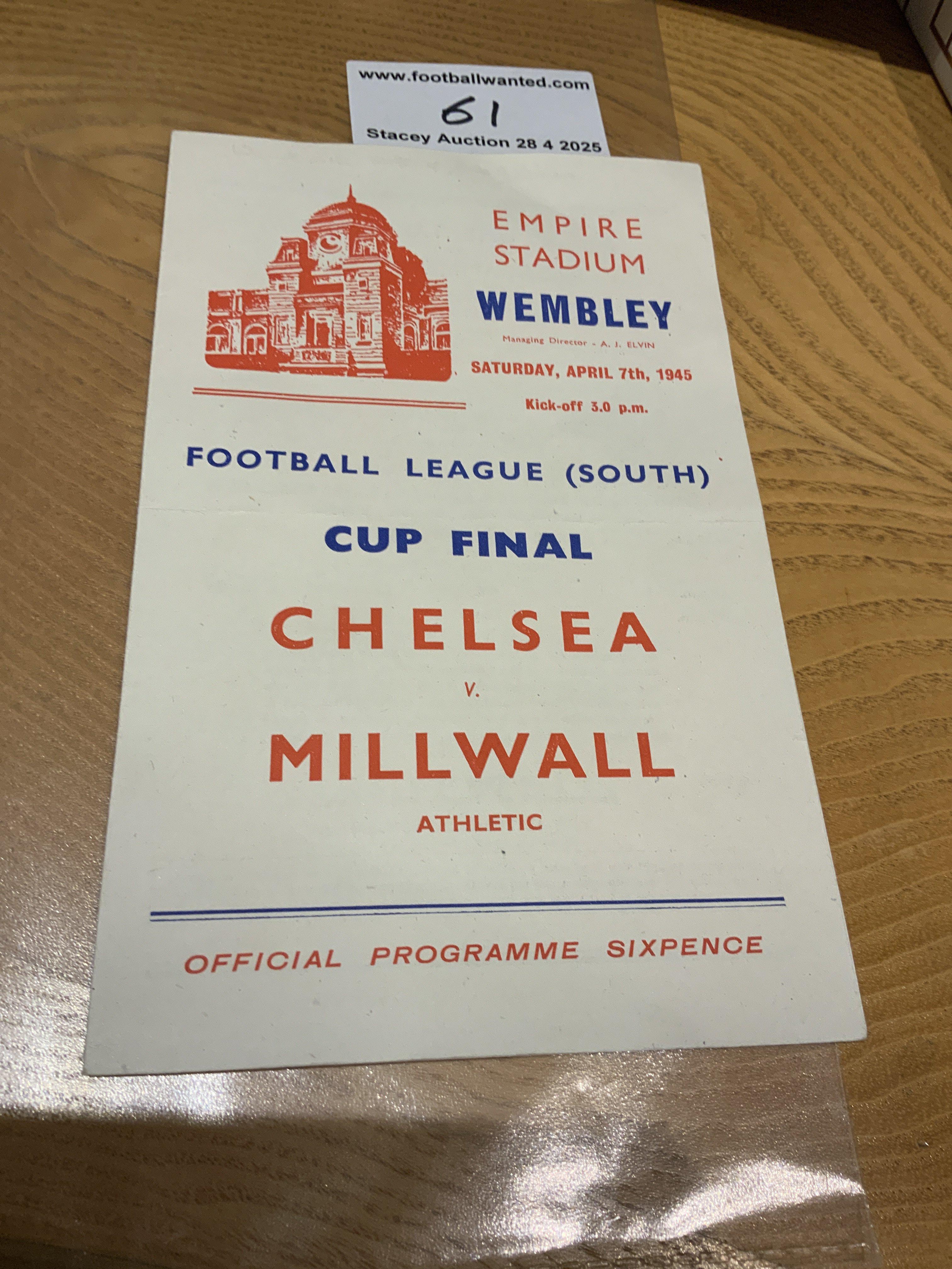 1945 Chelsea v Millwall Cup Final Football Programme: Excellent condition South Final played at Wembley with no writing. Slightest fold.