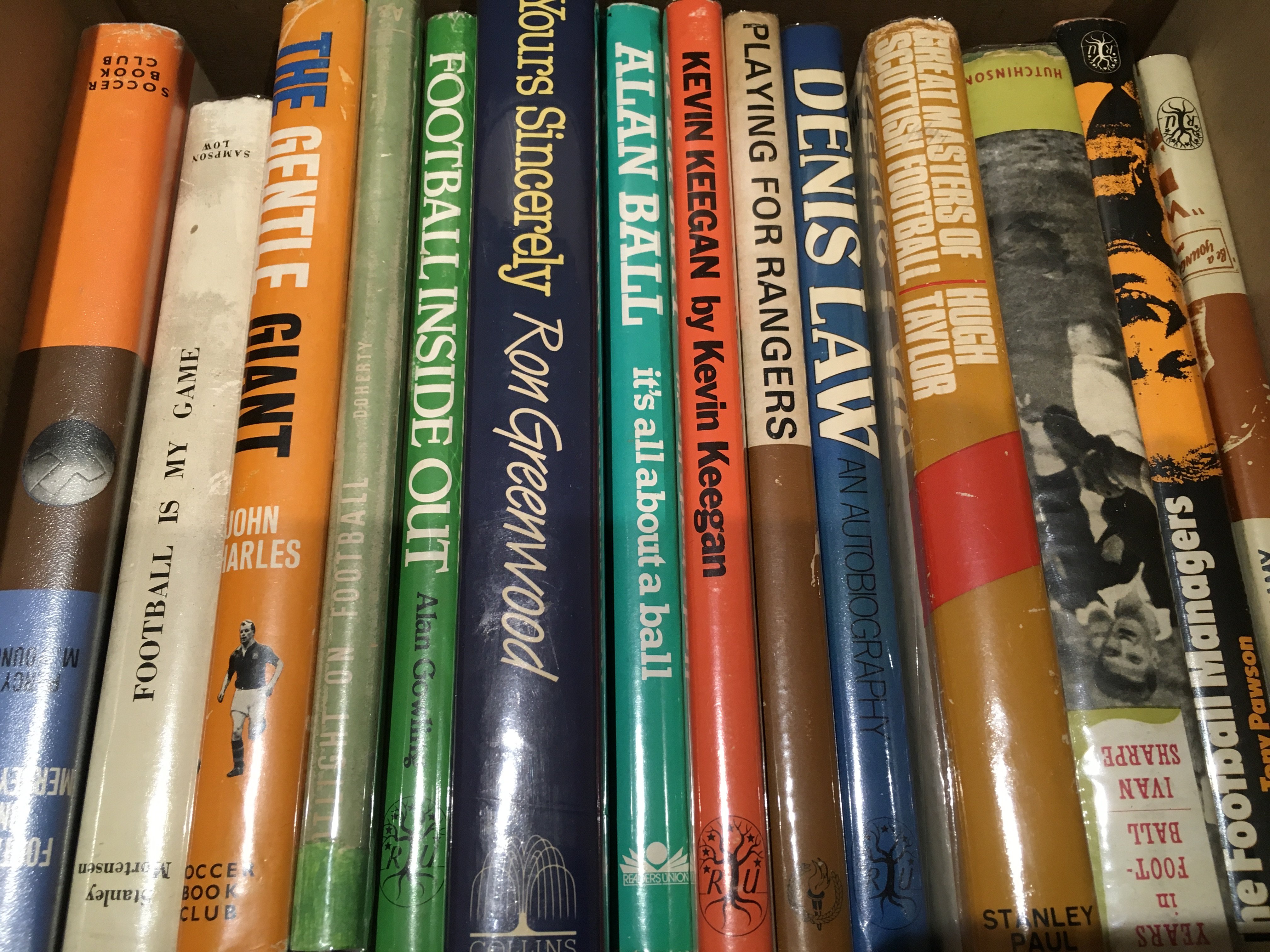 Old Football Book Collection: Very good condition all with cover protectors. Includes original autobiographies of Peter Doherty, Alan Ball Stanley Matthews and Duncan McKenzie. Some are Readers Union and Soccer Book Club reprints which include John Charles and Alan Gowling. Other titles are Playing For Rangers and Hearts Masters Of Scottish Football. (15)