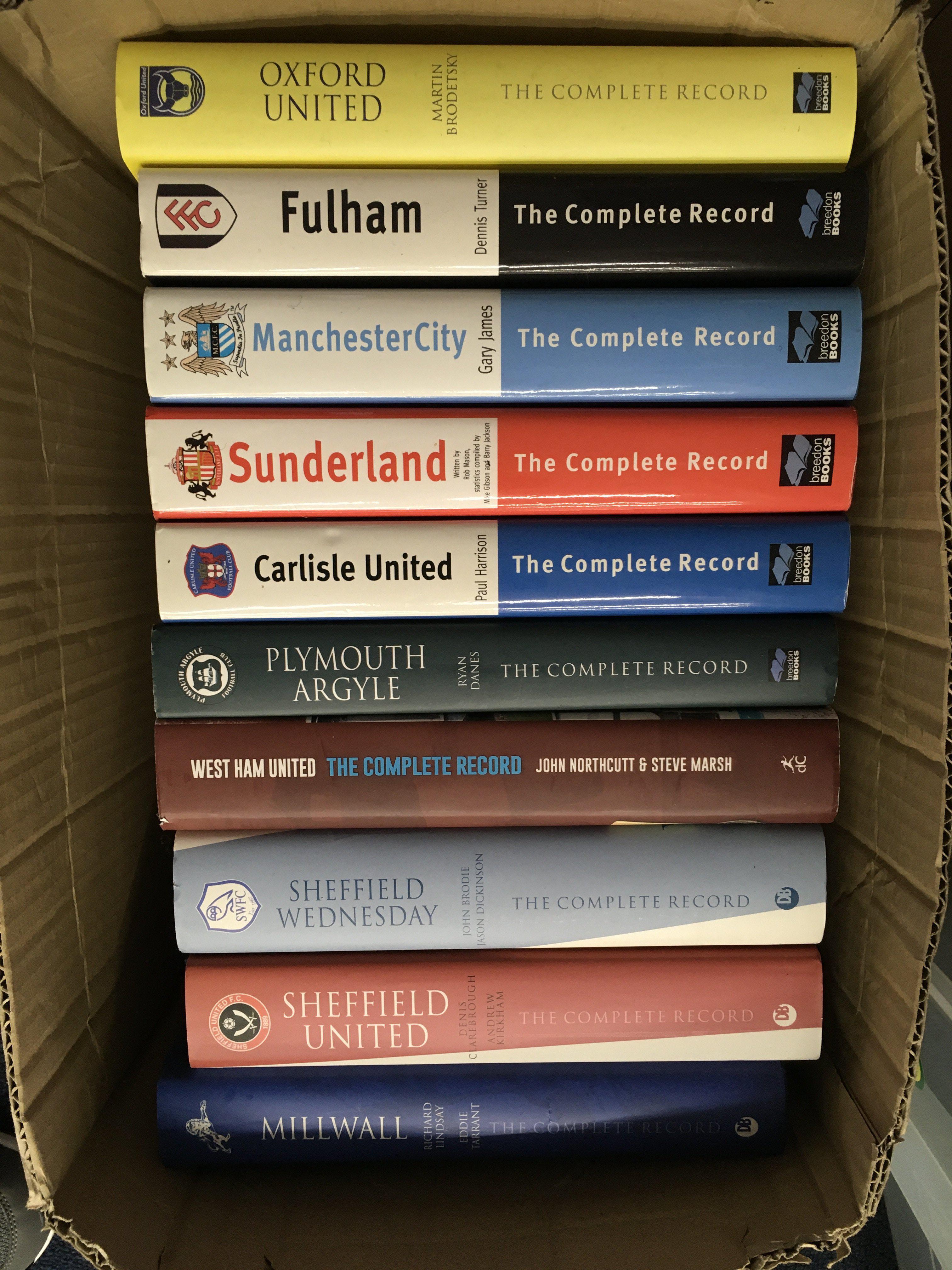 Breedon Books Large Format Football History Books: Mint condition unused collection of 10 books to include Oxford Utd Sunderland Man City West Ham Plymouth Millwall Fulham Carlisle Sheffield Wed + Utd. (10)