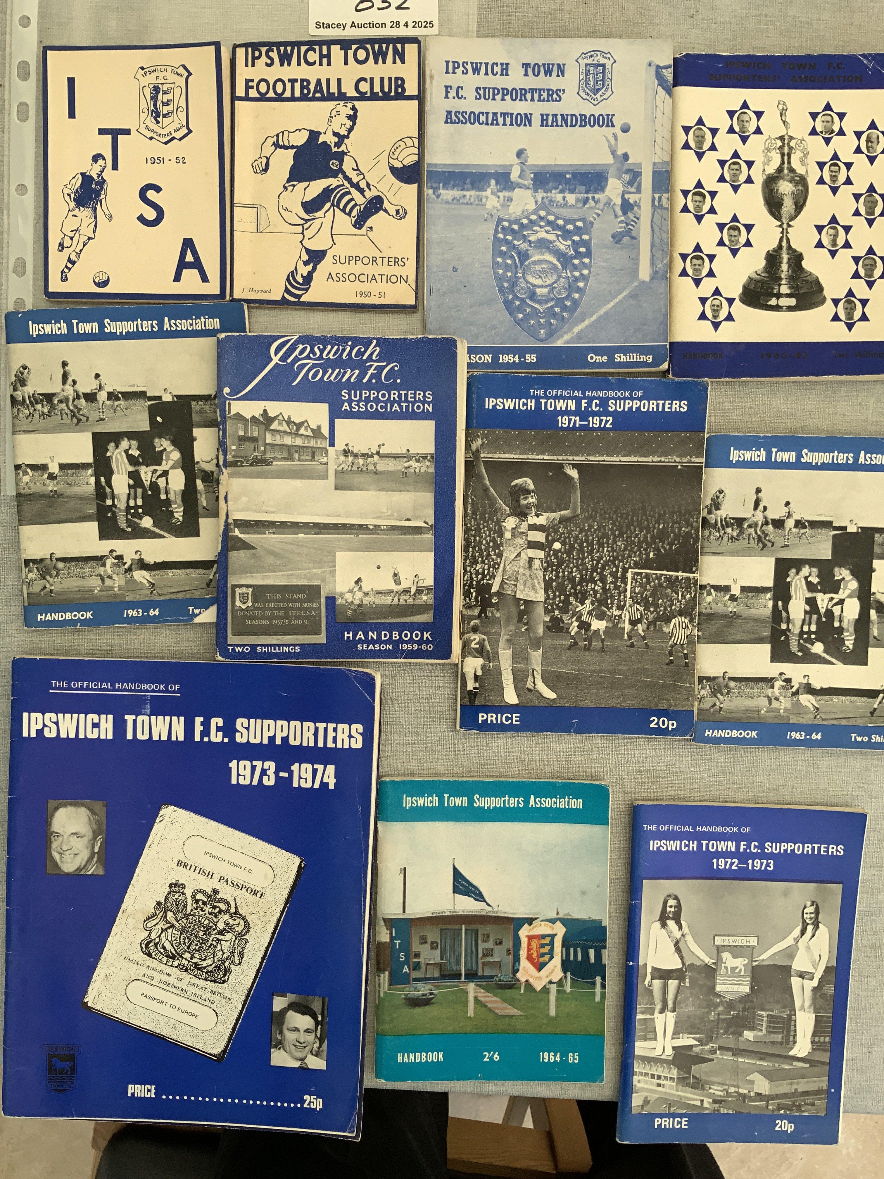 Ipswich Town Football Handbooks: Excellent condition handbooks for 50/51 51/52 then a run in mainly good condition from 54/55 to 74/75. (12)