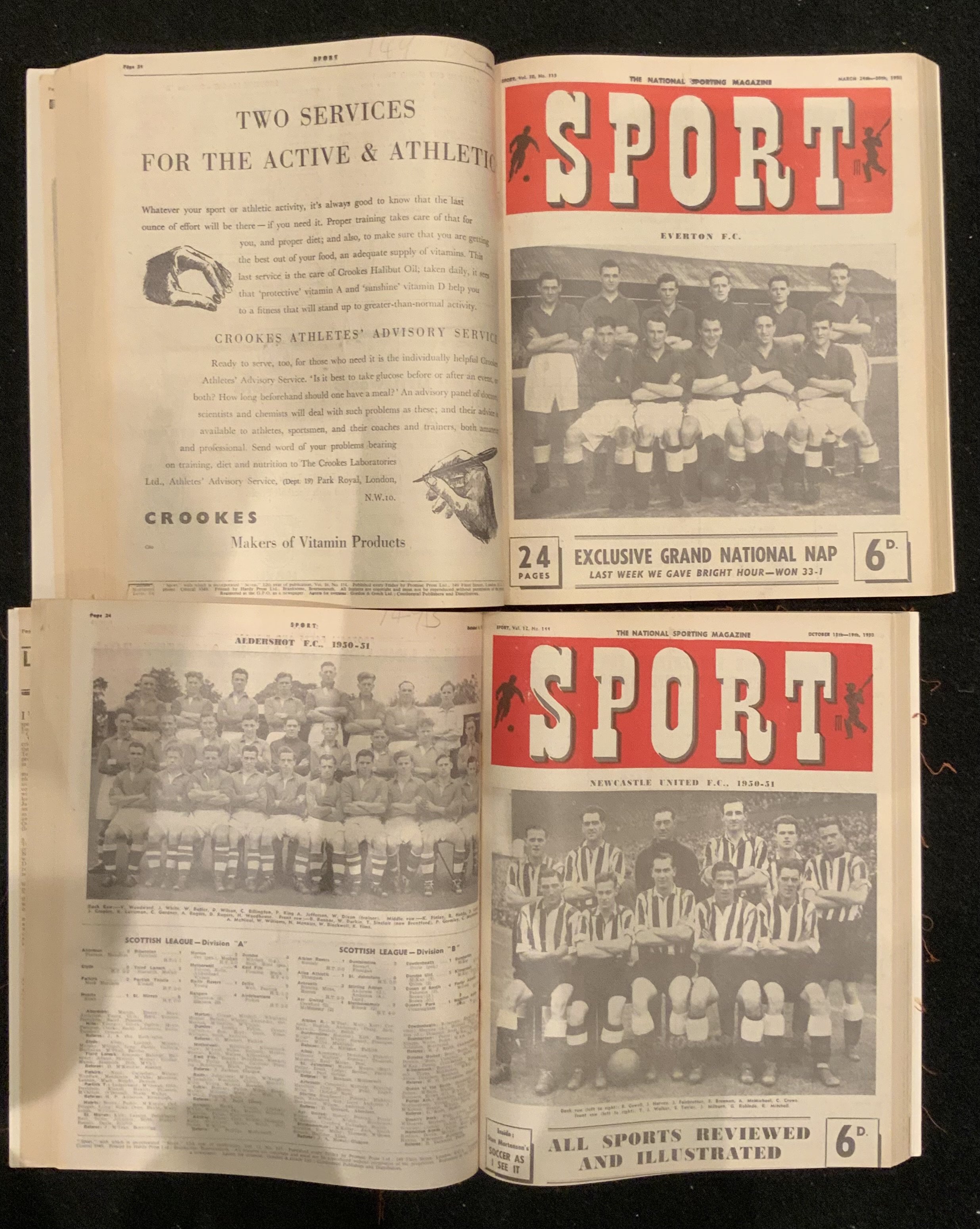 1940s + 1950s Sport Magazine Complete Bound Volumes: Complete run with excellent condition magazines from June 1948 to December 1954. Ten volumes of the hard to obtain weekly magazine in which a colour team group featured on the cover. These magazines have, for football all teams line ups, scores, scorers and attendances. Must be around 320 magazines.