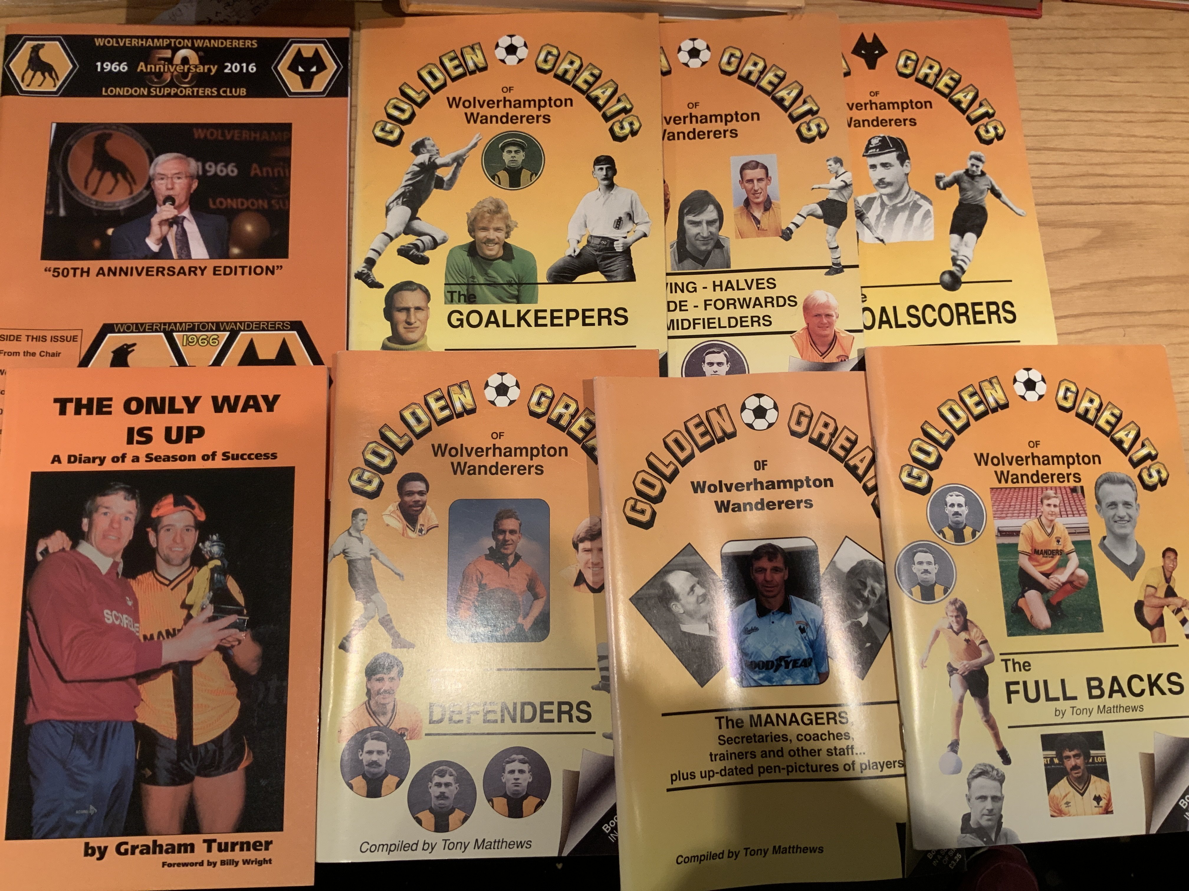 Wolves Football Book Collection: Includes some signed books notably Dougan and Hughes. C/W 6 Golden Greats soft cover books. Excellent. (est 30)