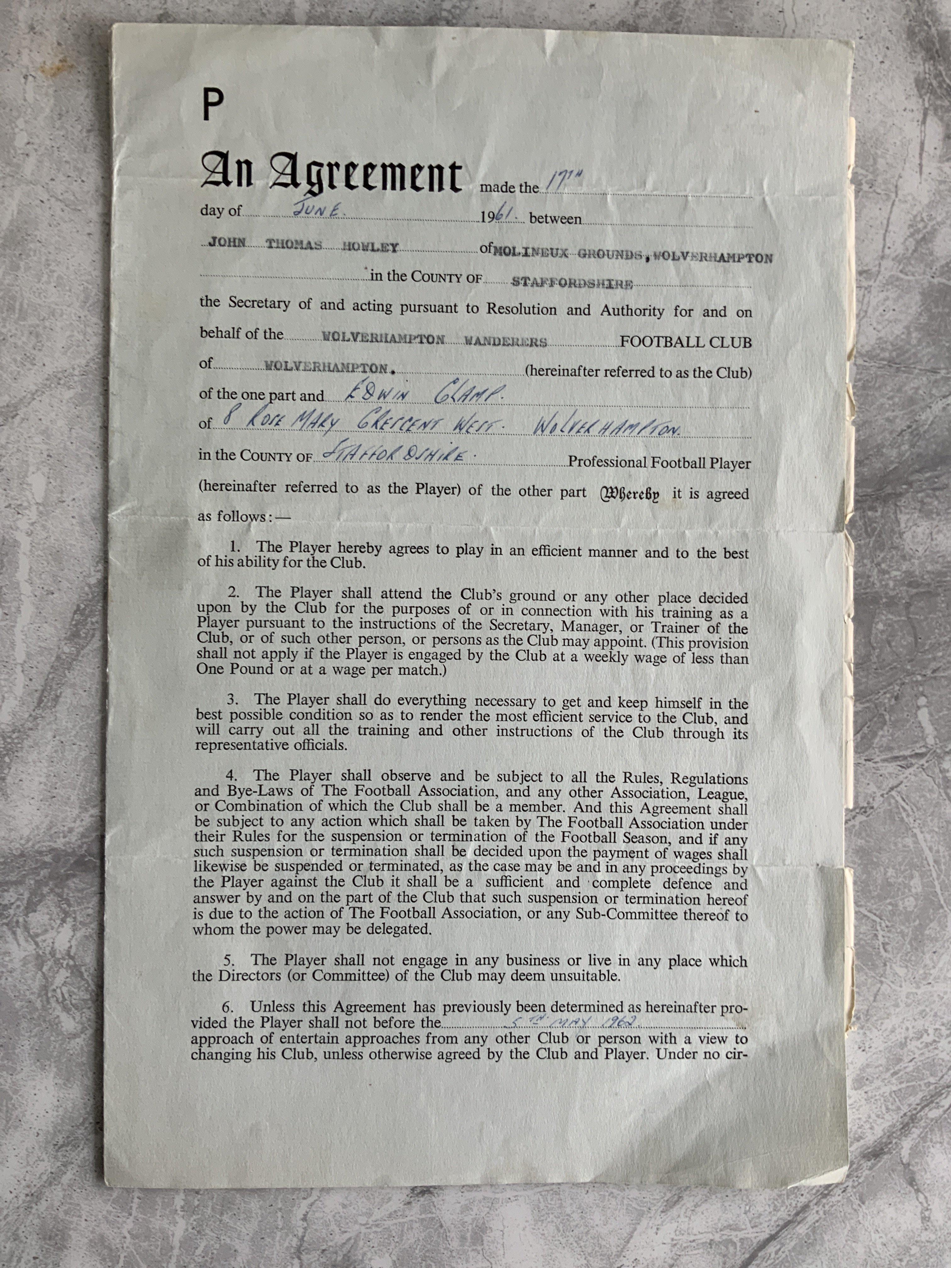 61/62 Wolves Football Players Contract: 28 pounds per week contract awarded to England player Eddie Clamp with 10 bonus if they win the 1st division. Signed by player to rear and inside on clause.