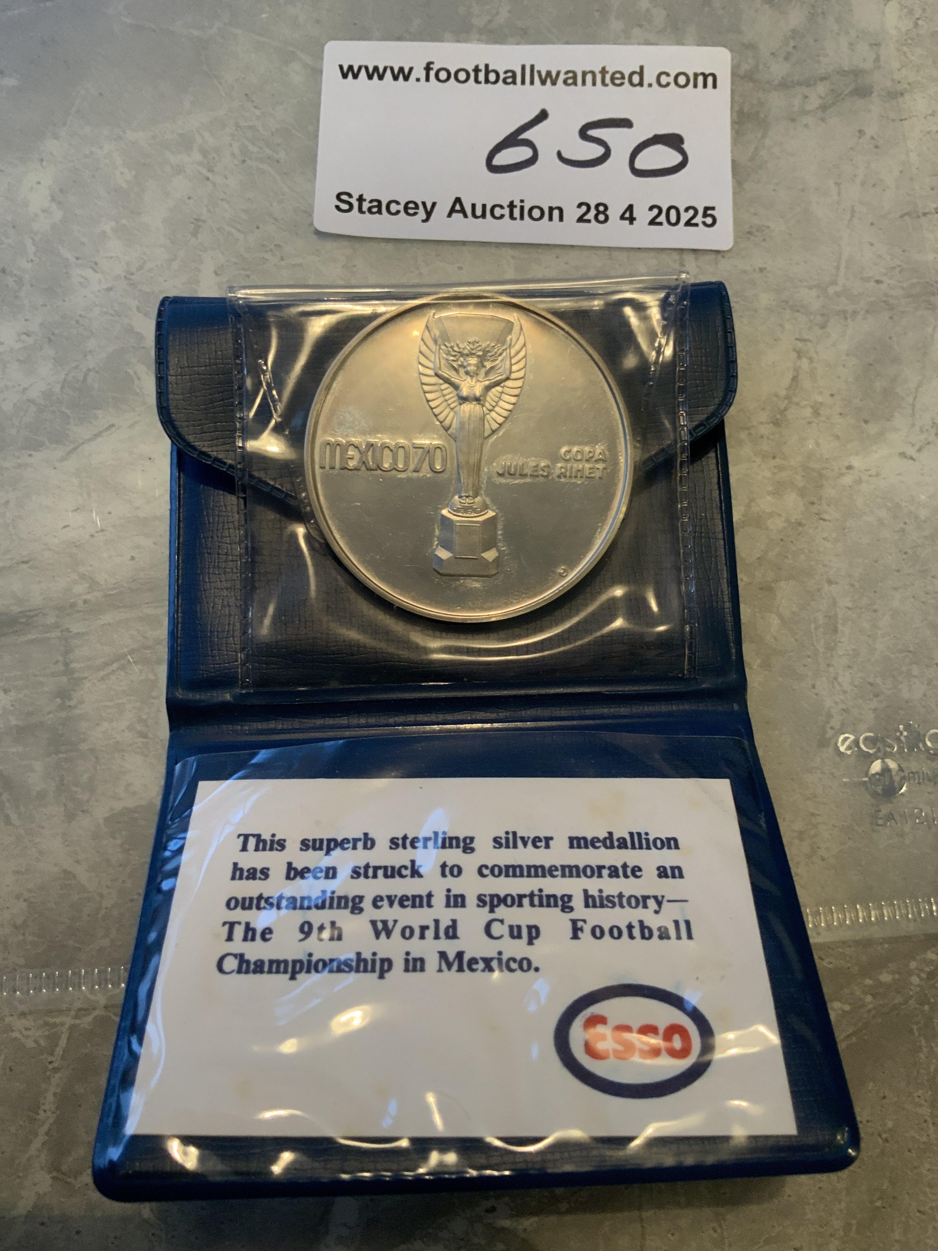 Esso World Cup Mexico 70 Sterling Silver Medallion Coin: In original wallet with Jules Rimet and Mexico 70.