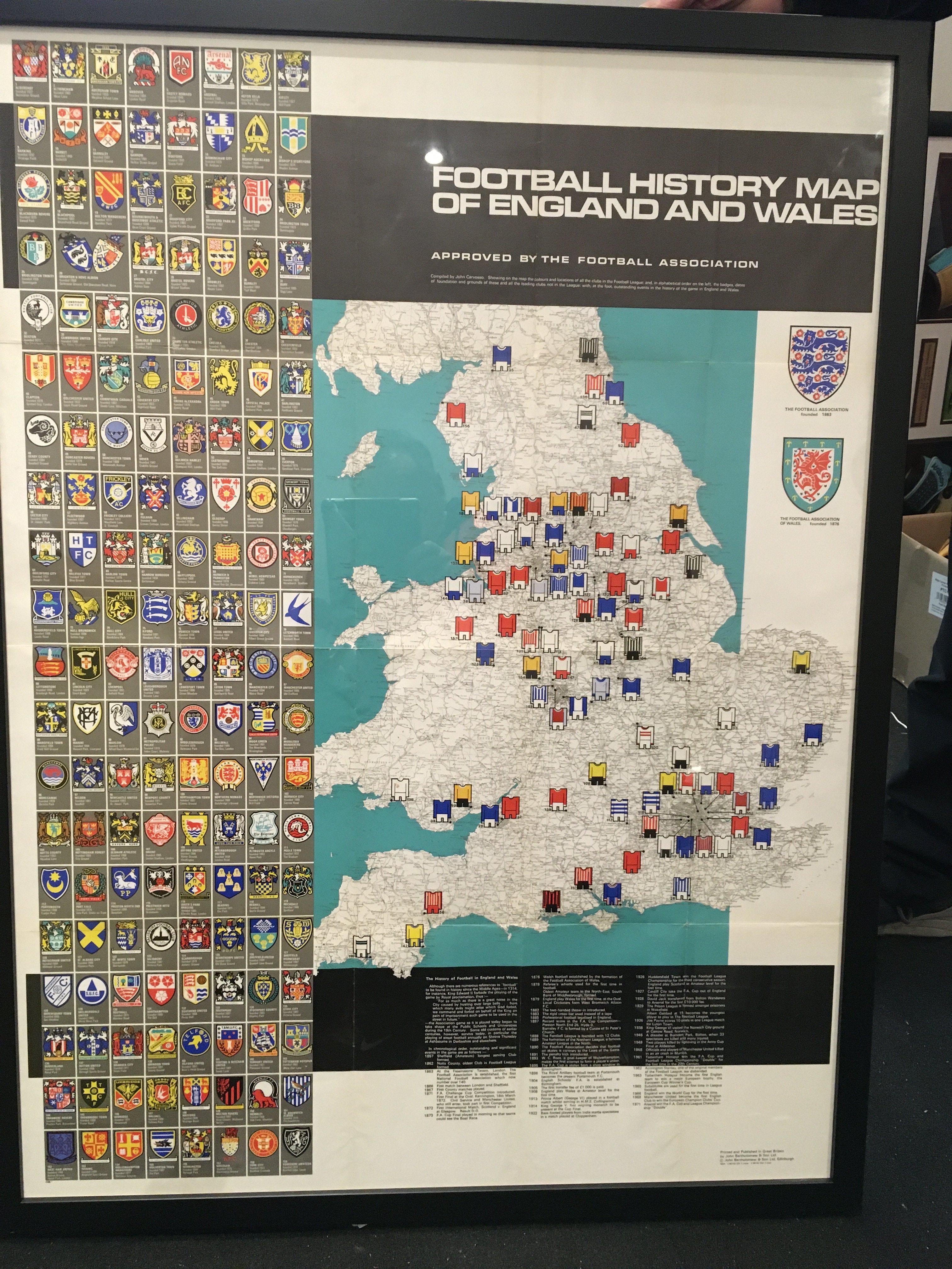 Bartholomews Framed Football History Map: Depicts all the Football League grounds and badges in the early 70s on a map of England. Nice item measuring 32 x 42 inches. Instructions to sell.