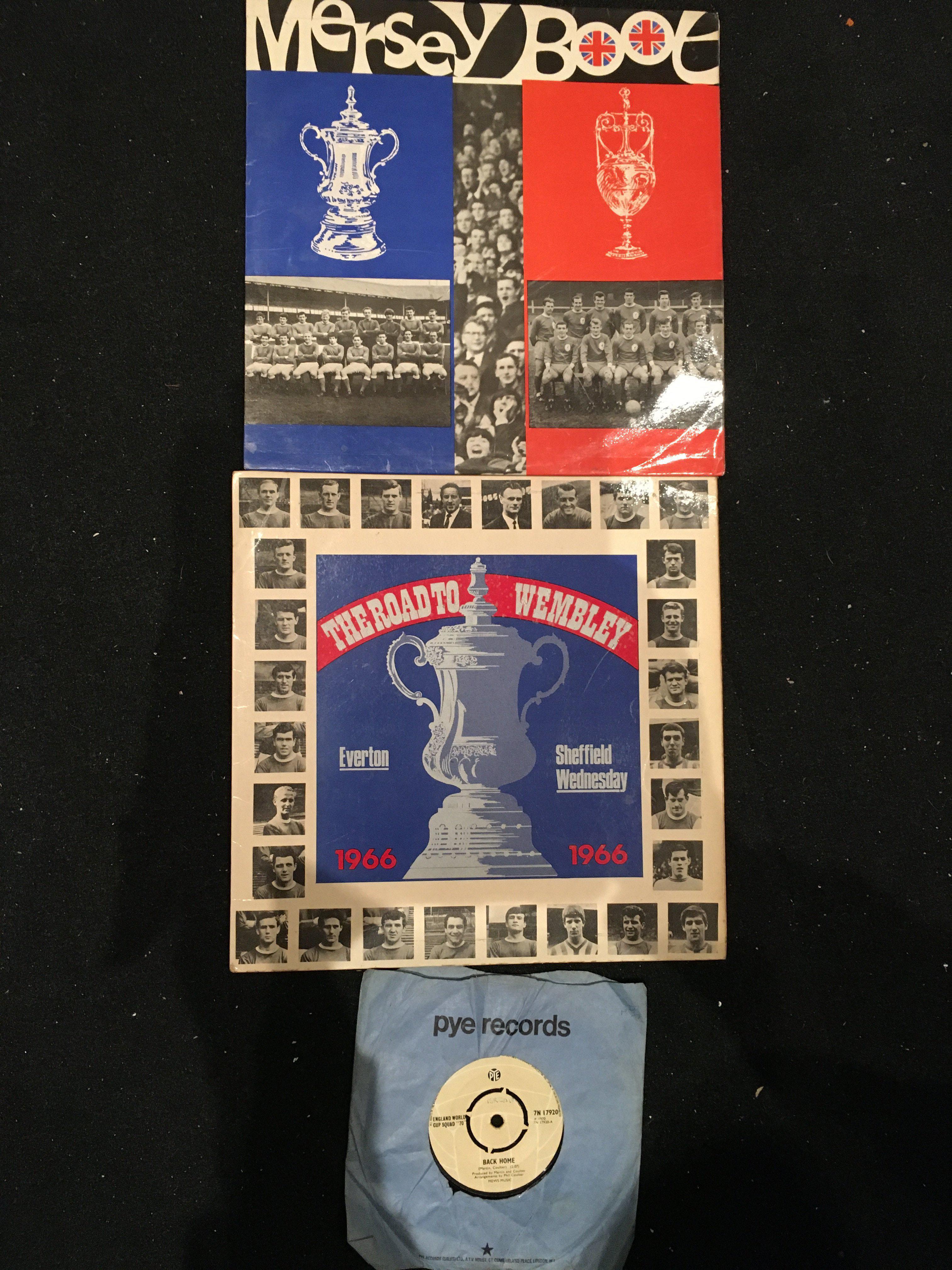 Everton Liverpool + England Vinyl Football Records: 12 inch records one named Mersey Boot which one side has from the mid 60s Evertons road to Wembley for the FA Cup and Liverpools Championship winning season. From 1966 there is the 1966 FA cup final Everton v Sheffield Wednesday and a 7 inch single named Back Home which was Englands 1970 World Cup record. (3)