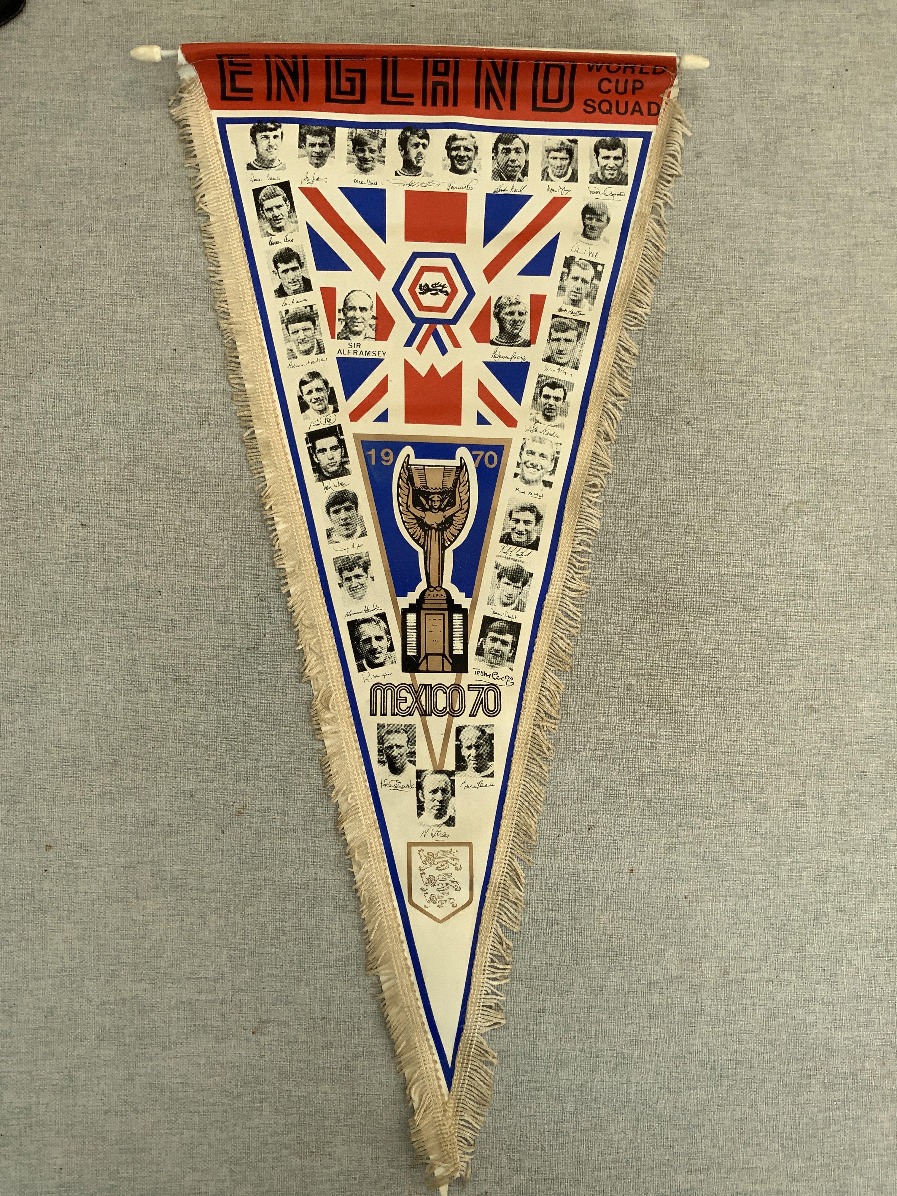 QPR + England Football Pennants: Very large England 1970 World Cup Coffer pennant which is stunning. C/W 2 different QPR 1967 Division 3 and League Cup Winners pennants. (3)