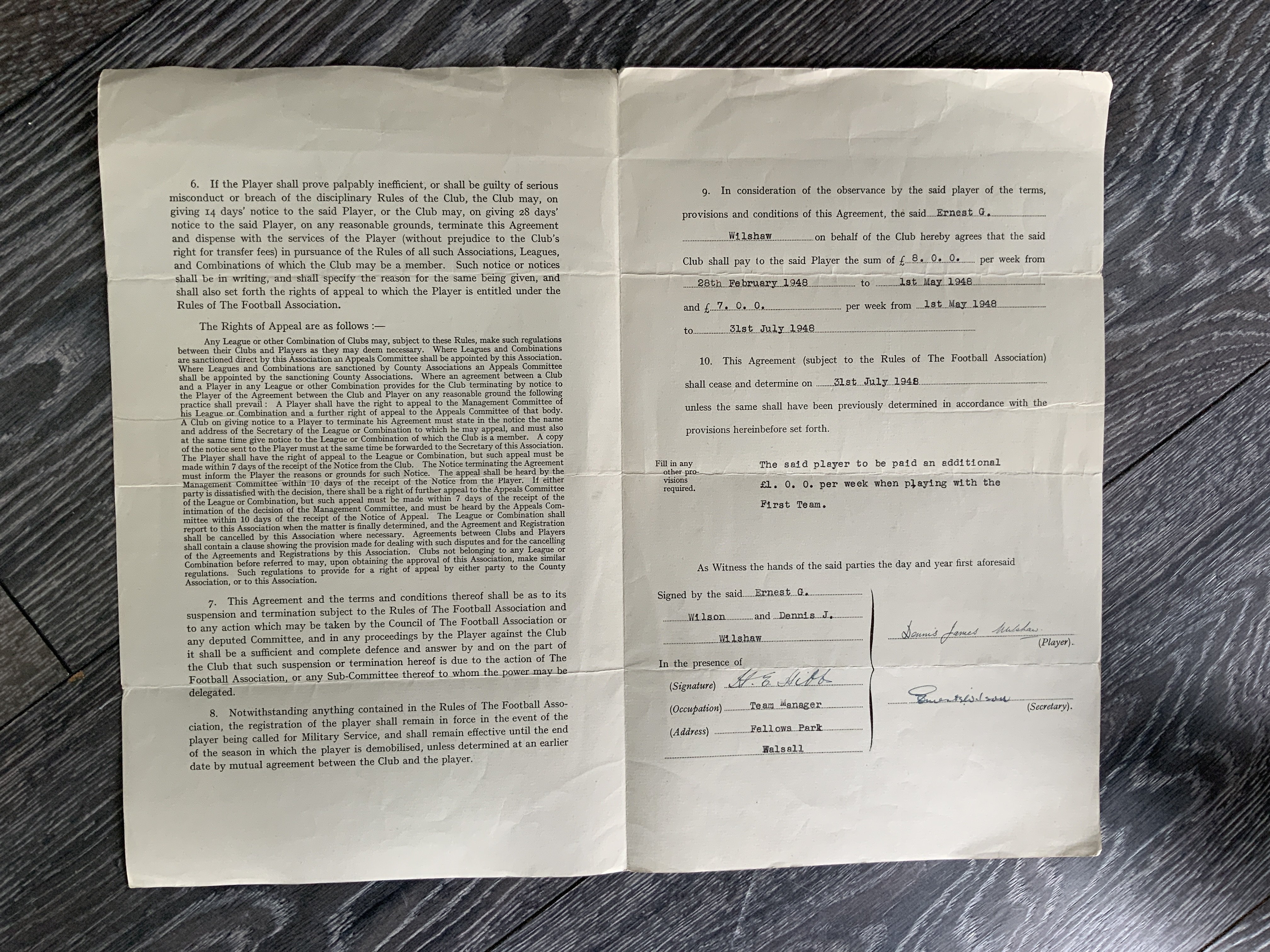 47/48 Walsall Football Players Contract: 8 pounds per week contract awarded to Dennis Wilshaw. Signed by player and manager Harry Hibbs.