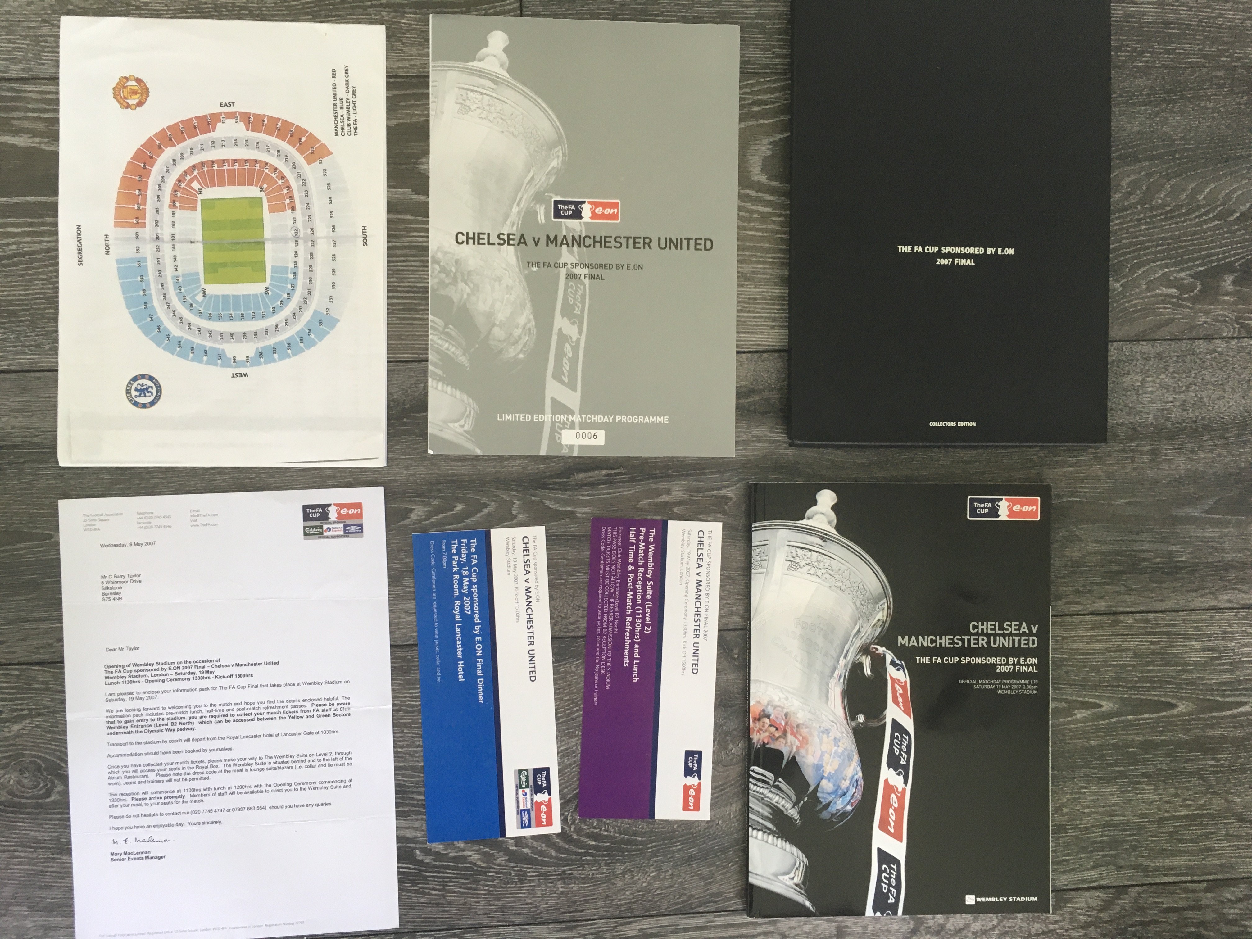 2007 Rare FA Cup Final Football Programme: Collectors Edition given to Barry Taylor the former FA International Committee Member. Embossed case states Chelsea v Manchester United. When you open case the programme from the first FA Cup Final back at Wembley states Ltd edition number 6. There are tickets for pre match, half time and a dinner the night before at the Royal Lancaster Hotel plus a map of the new Wembley. Nice item.