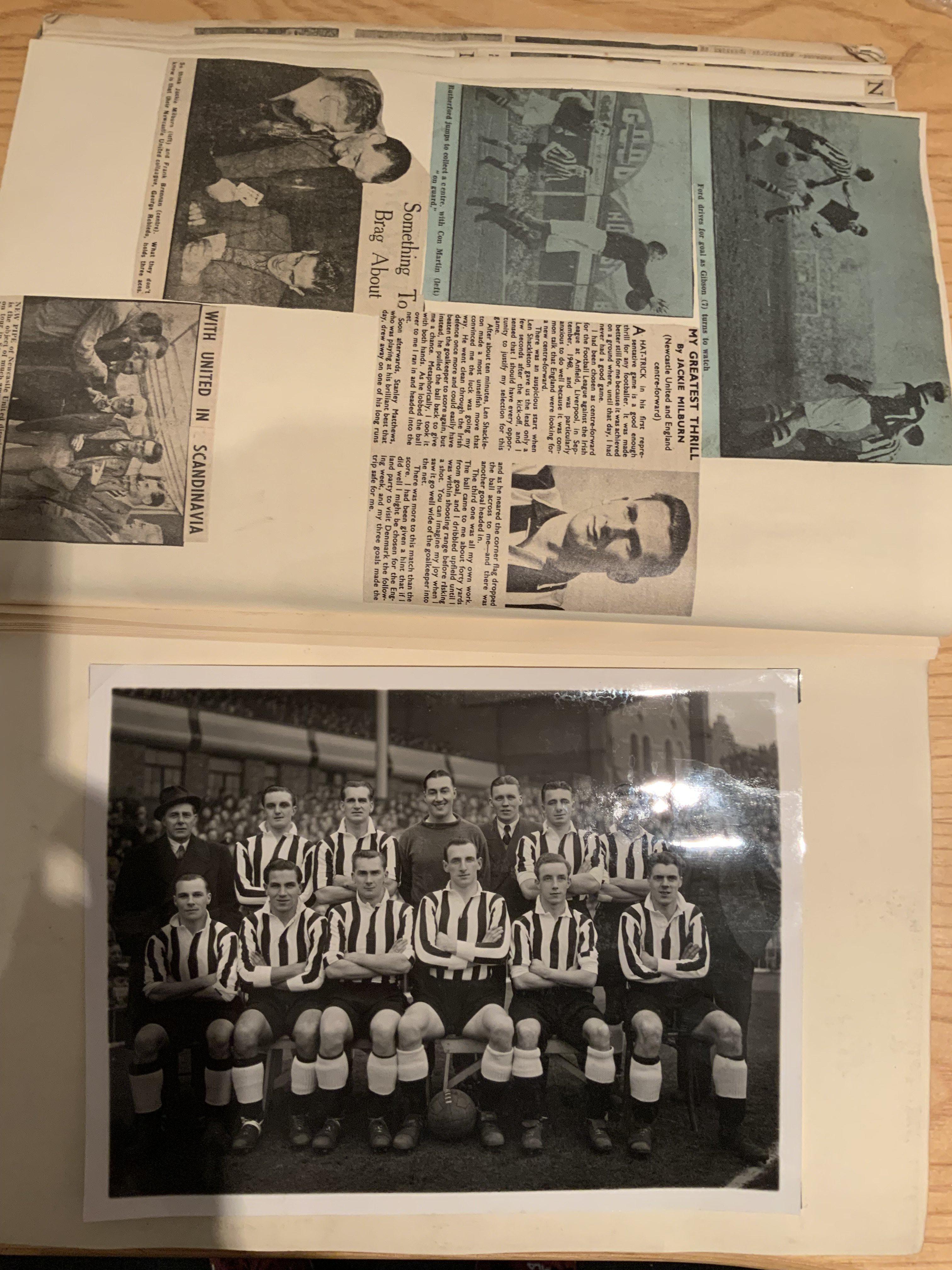 Newcastle United Old Football Scrapbook: Stunning to include press photos of team groups from 1932 and many press cuttings up to the 1952 cup final of which there are two tickets. Must view with 13 photos the majority having press stamps.