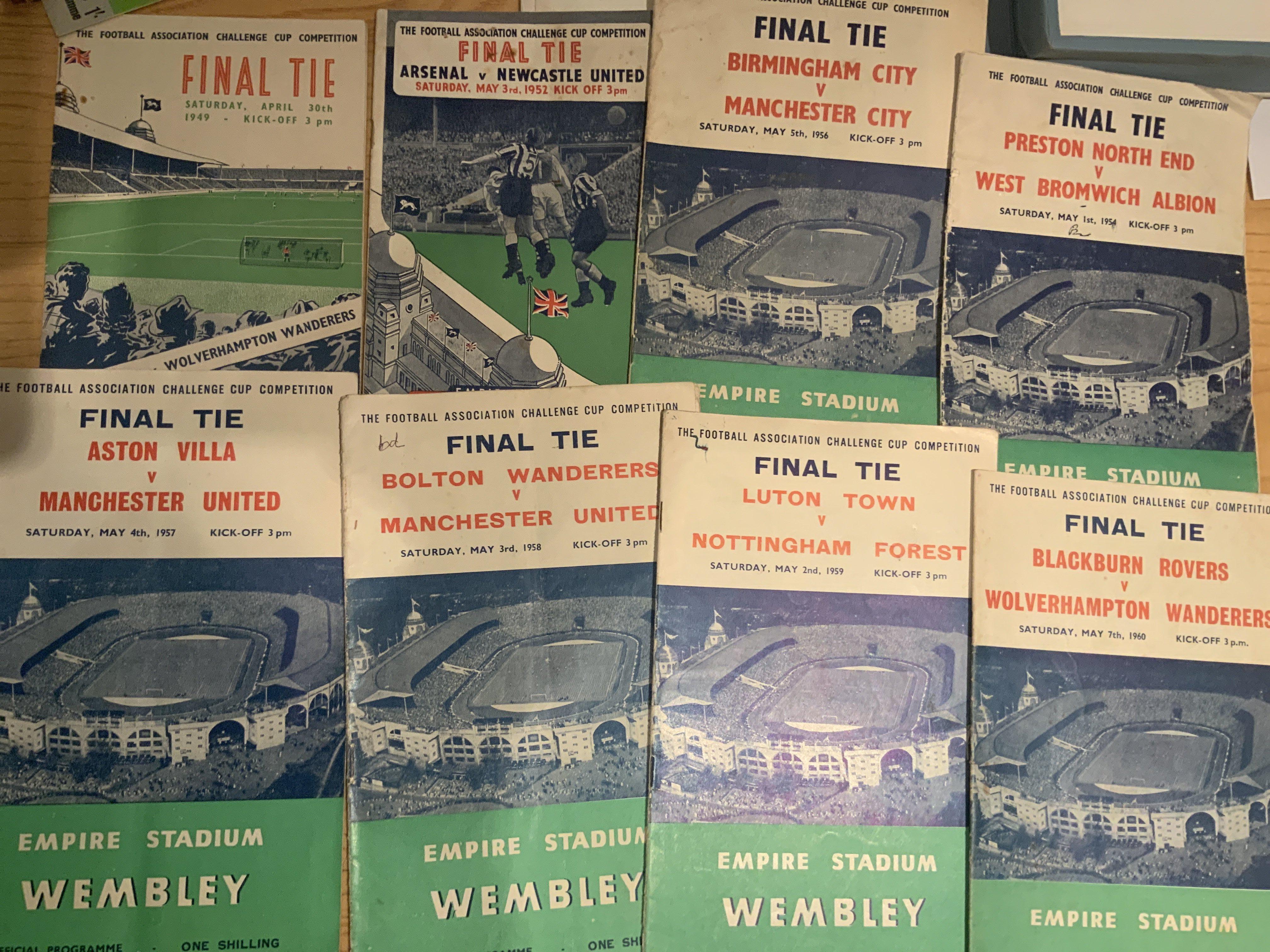 FA Cup Final Football Programmes: Includes 1949, 1952, 1954 then a run from 1956 to 1968 with some duplication. Mainly good with a couple having pen to cover. (22)