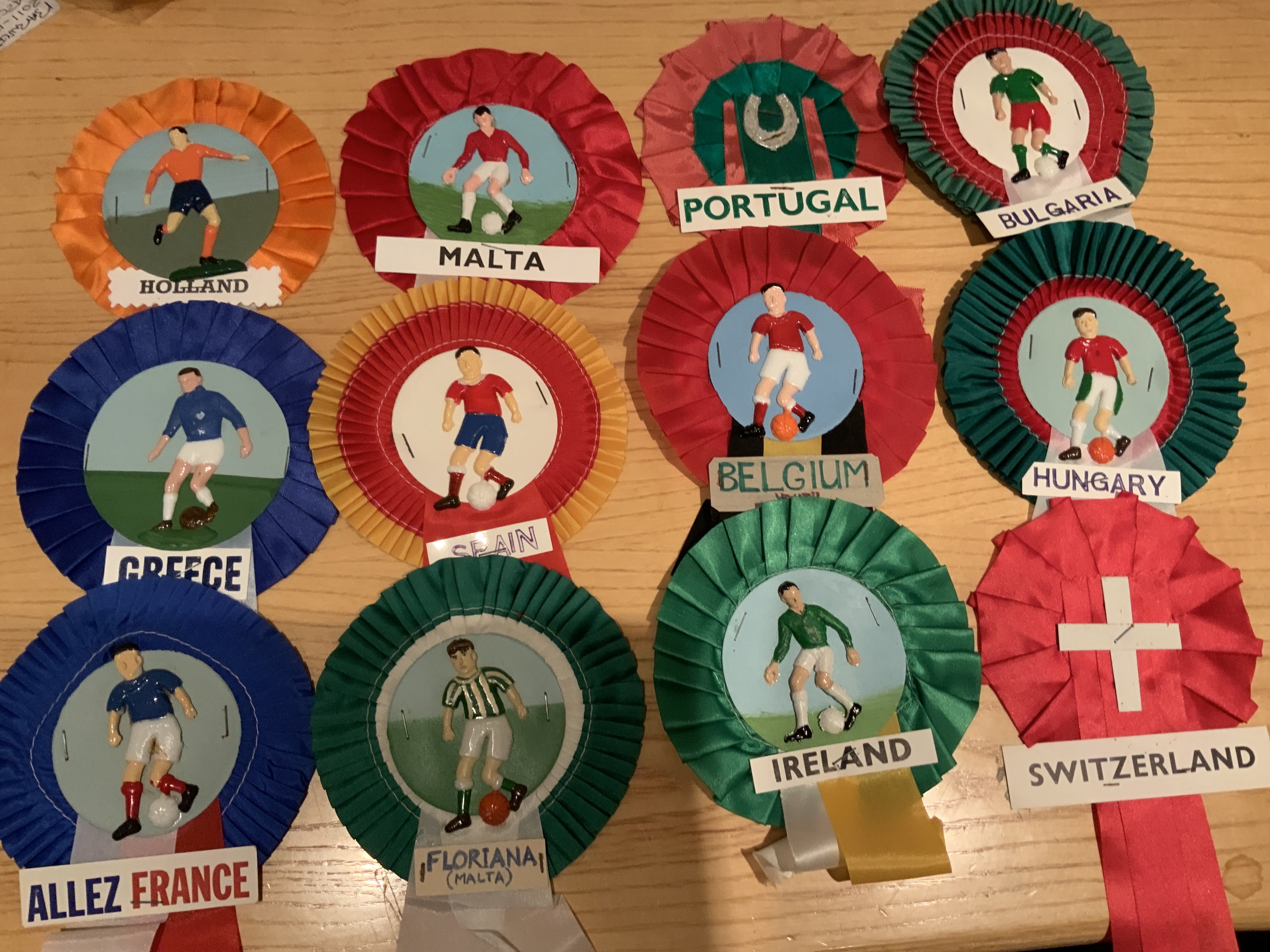 International Club Football Rosettes: Good condition to include Belgium Malta France and Spain Excellent. (22)