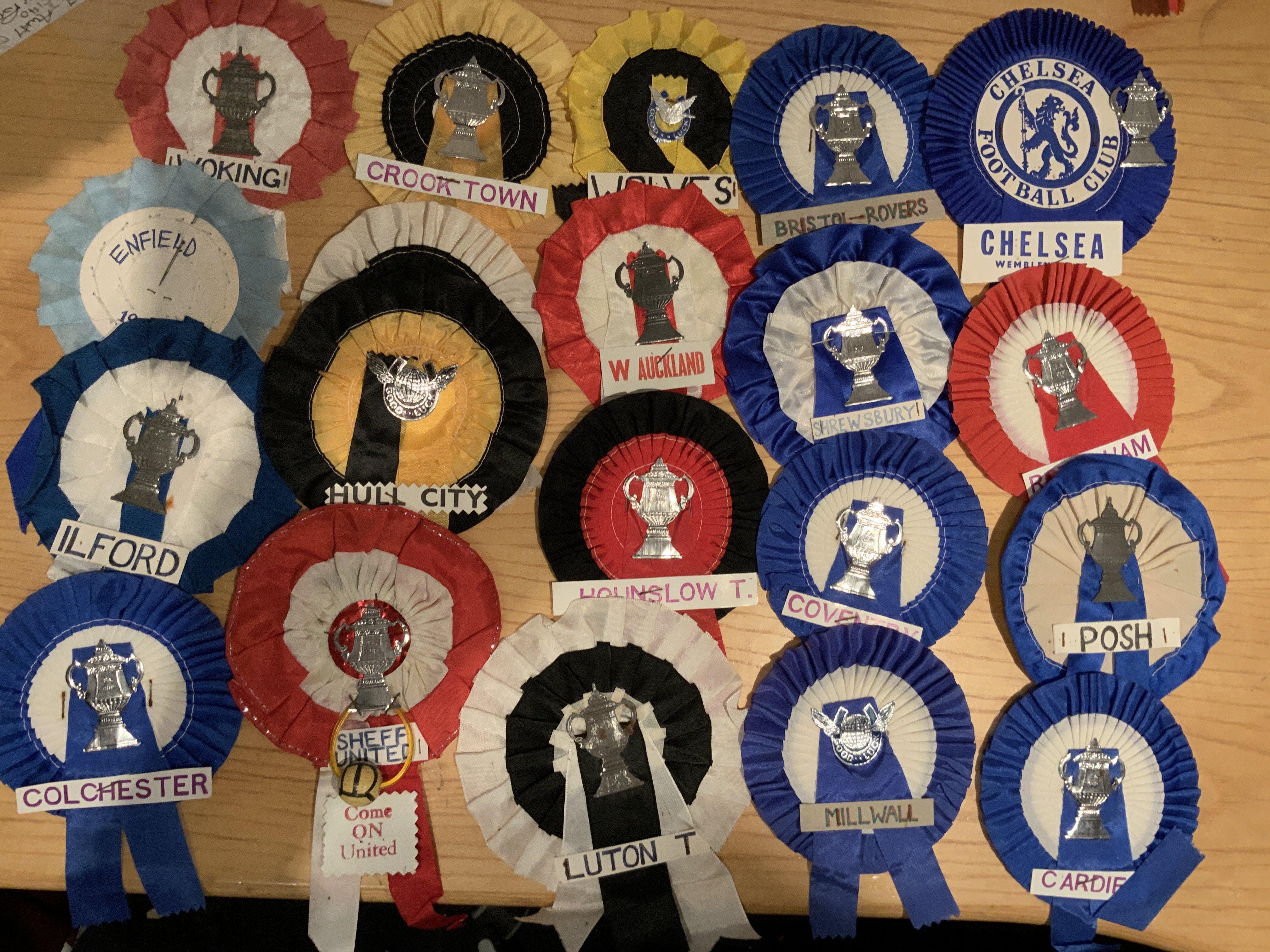 Football Club Cup Rosettes: FA Cup and Amateur Cup to centre with some stating good luck. Includes West Auckland Hounslow Kings Lynn Sutton Corinthian Casuals Enfield Woking Millwall Cardiff and Luton. Excellent. (47)