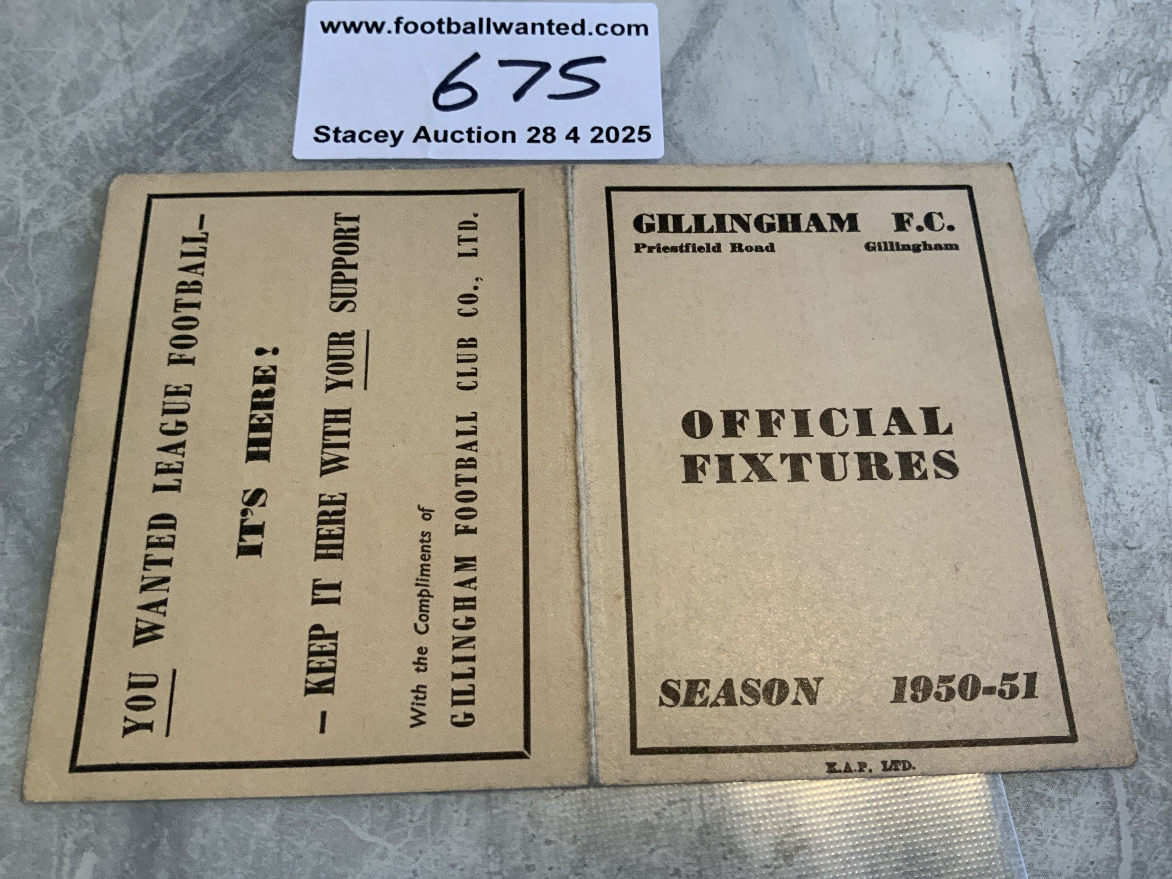 50/51 Gillingham Football Fixture List: Very good condition small card fixture booklet with lightly pencilled results filled out. First season back in the football league covering Eastern Counties League also.