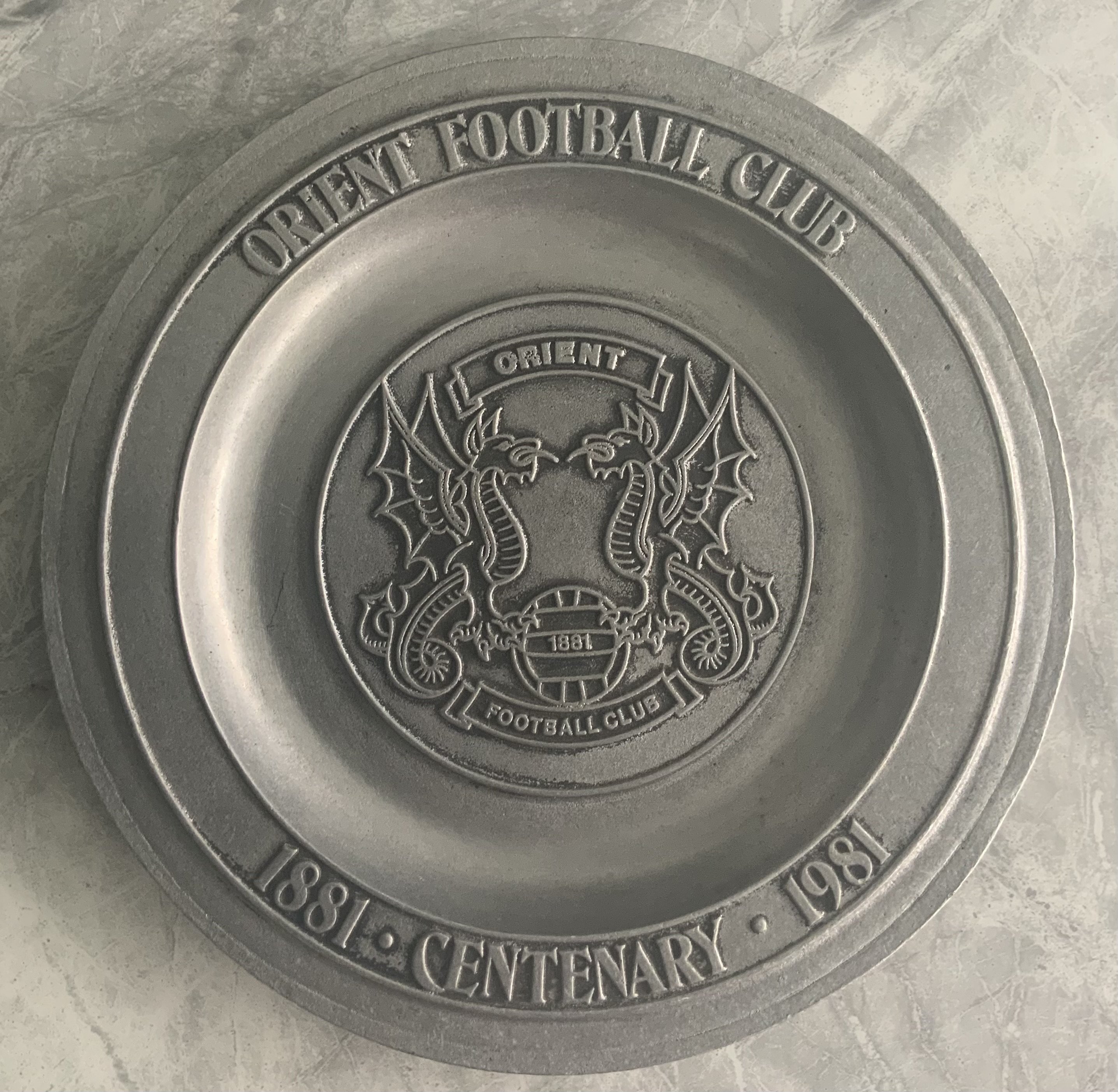 Orient 1981 Limited Edition Large Centenary Plate: Metal plate number 352/500 in excellent condition with raised club badge and writing. Former property of club secretary Peter Barnes.