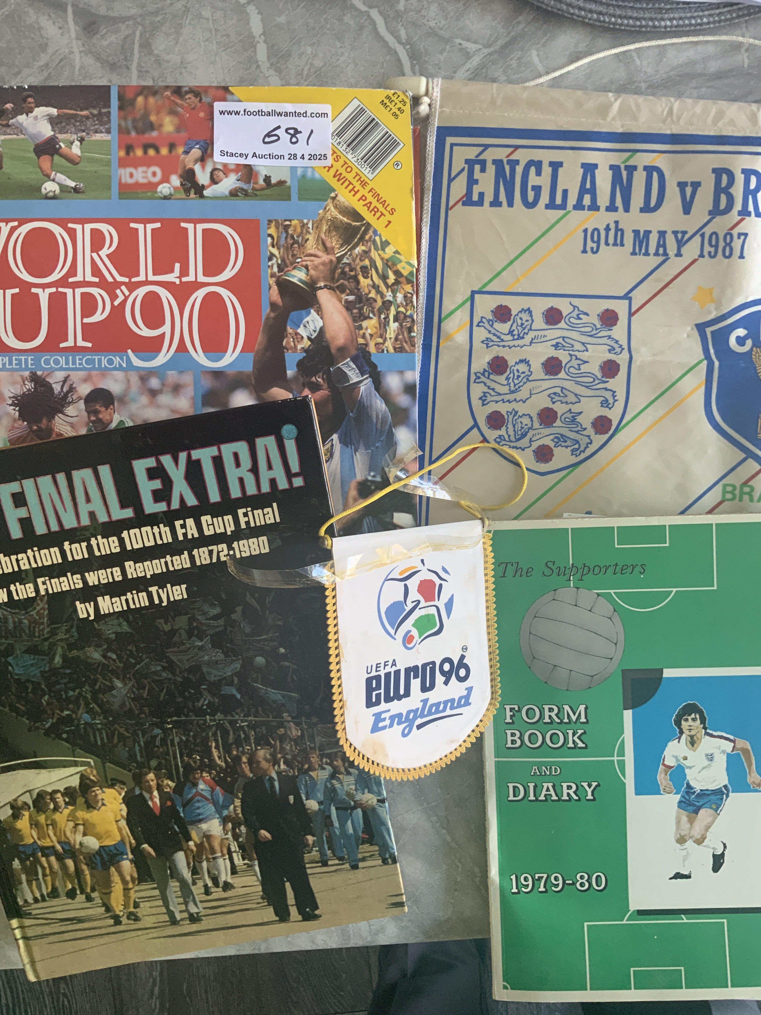 Football Memorabilia Box: 79/80 Sigma Sports cards celotaped into album, 1987 England v Brazil pennant, Small Euro 96 pennant, FDCs, Italy World Cup complete coin set, empty wine bottles for World Cups 1990 + 1998 and a book. Instructions to sell.