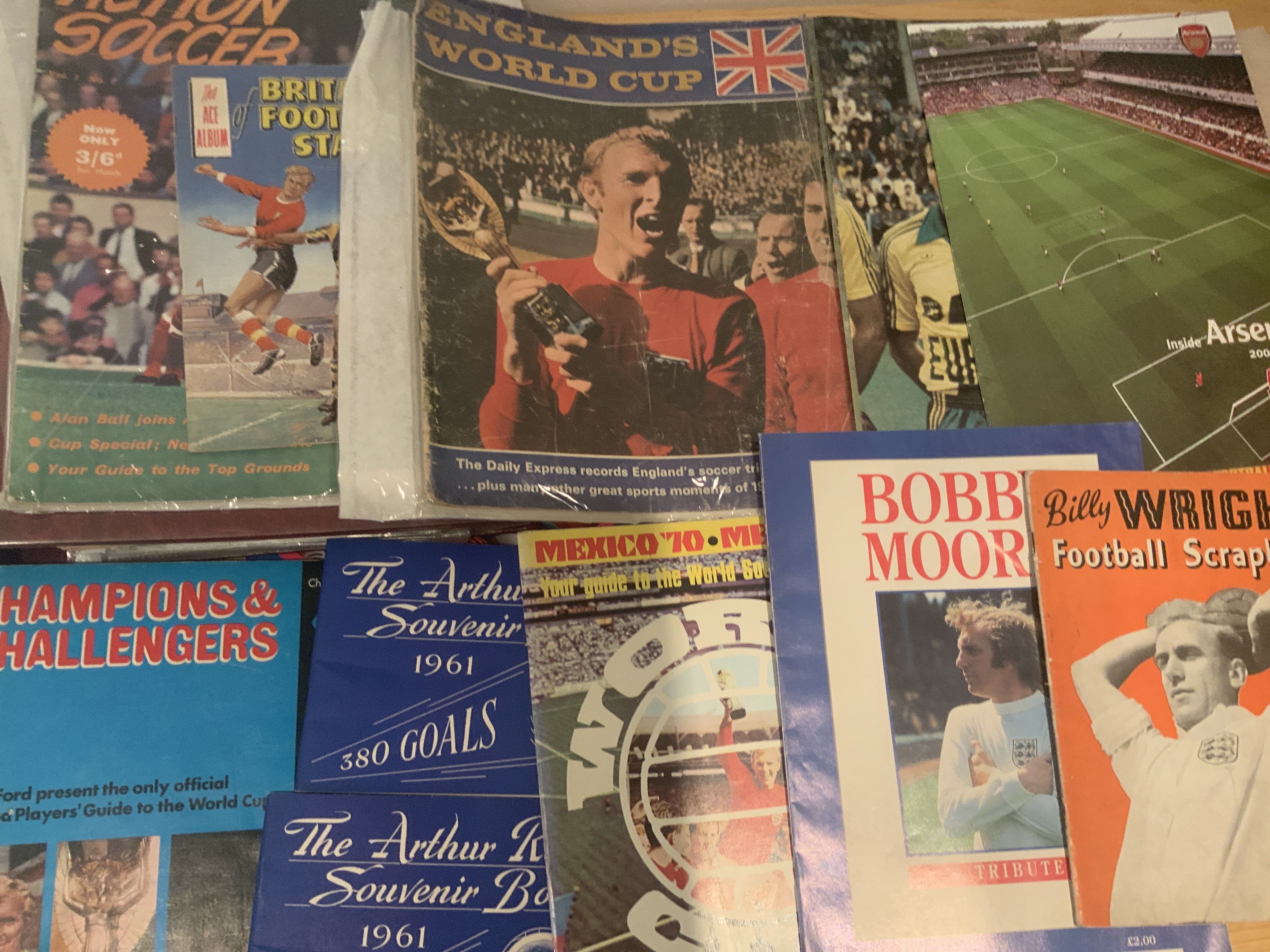 Football Memorabilia Box: 1961 Arthur Rowley Souvenir book x 2, Britains Football Stars Ace Album complete, football calendars, cards and more with instructions to sell.