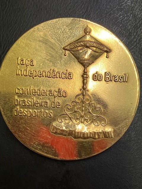 1972 Brazil v Portugal Independence Cup Gold Football Medal: The biggest gathering of football nations ever at the time held in Brazil. Officially named Taca Independencia Do Brasil Confederacao Brasileira Desportus. Brazil won 1-0 in the last moment. Medals were issued from bronze up to gold with winners Brazil getting gold along with a few other dignitaries. This was awarded to Ken Aston who was in charge of referees and comes direct from his family. Hallmarked medal weighs 62 grammes.