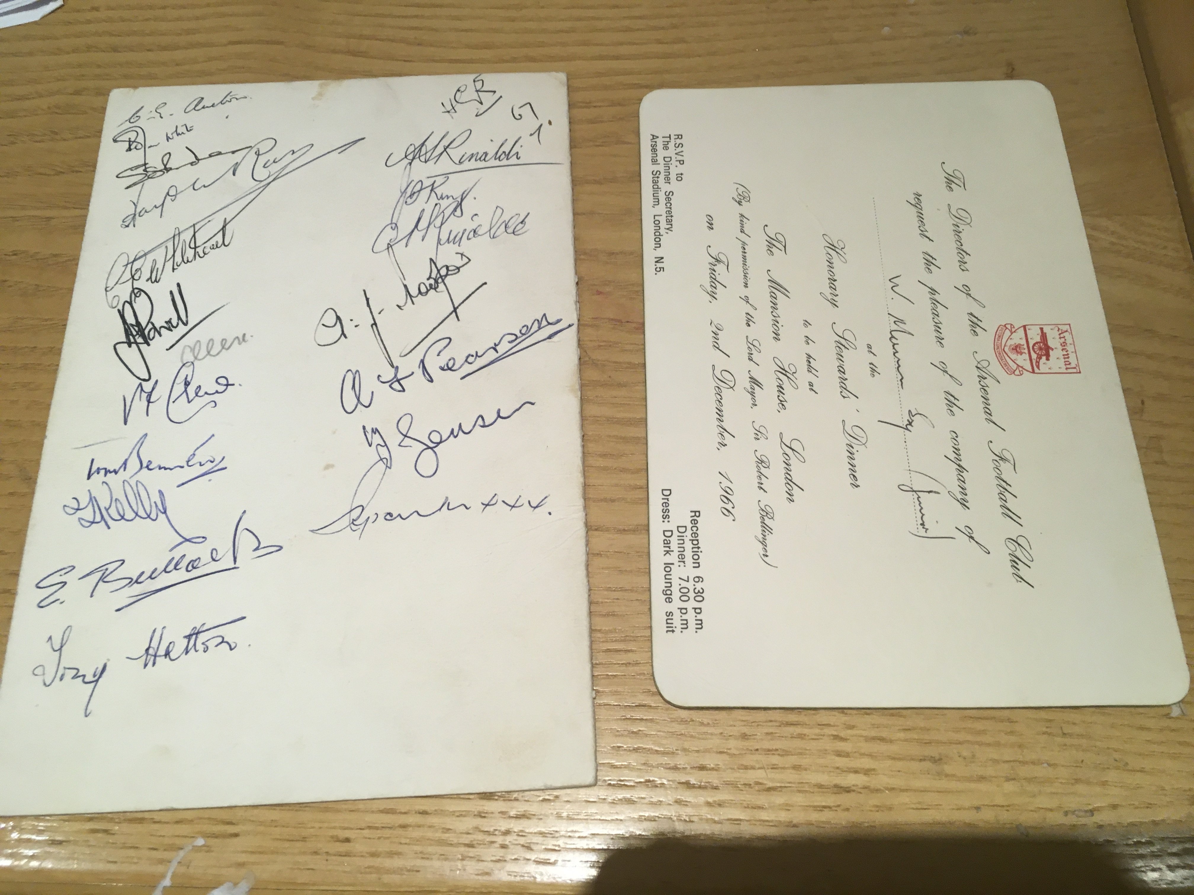 Arsenal 1966 Signed Honorary Stewards Dinner Menu: Held at Mansion House at Christmas 1966. Signed inside by Bertie Mee and the Mayor Of London. Rear blank page is signed by 19 but not players. C/W invite.