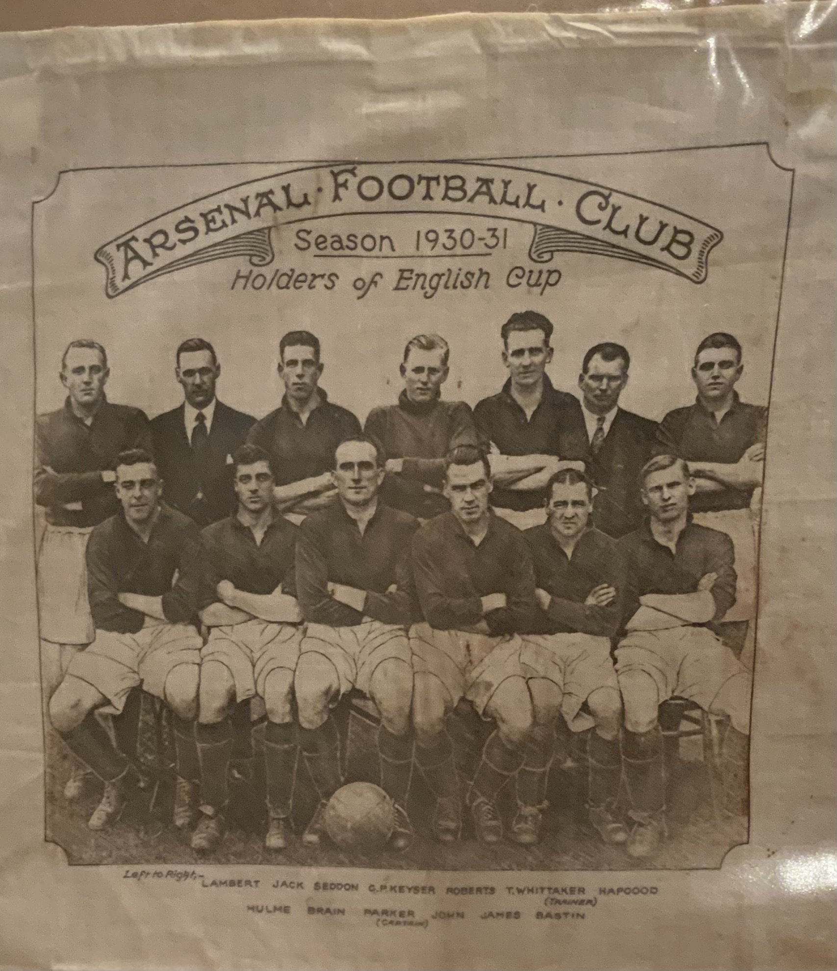 Arsenal 1930 FA Cup Winners Handkerchief. Handkerchief measures approximately 15 x 14 inches. Few marks but overall good.