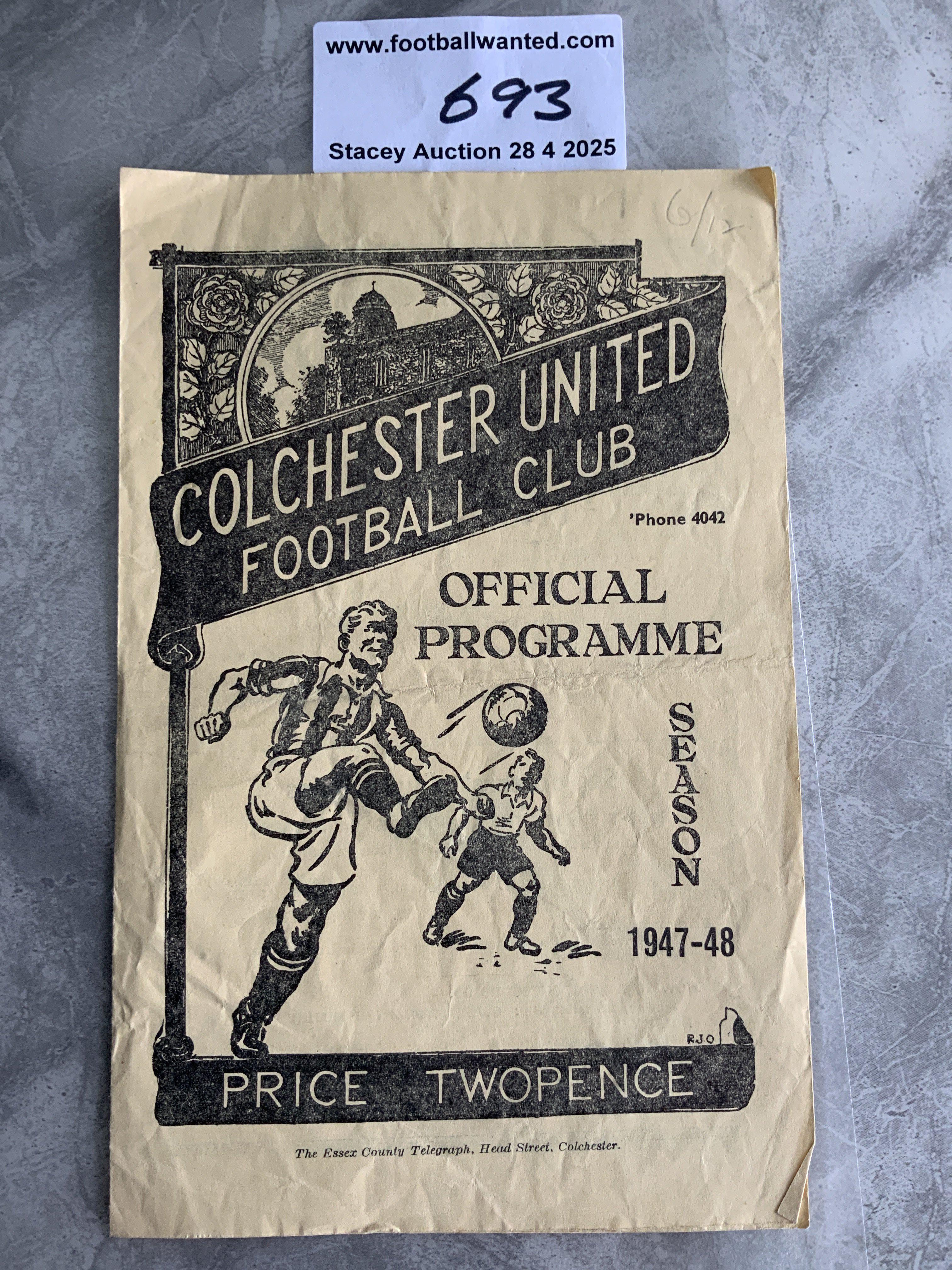 47/48 Colchester United v Arsenal Reserves Football Programme: Good condition friendly with no team changes dated 6 12 1947.