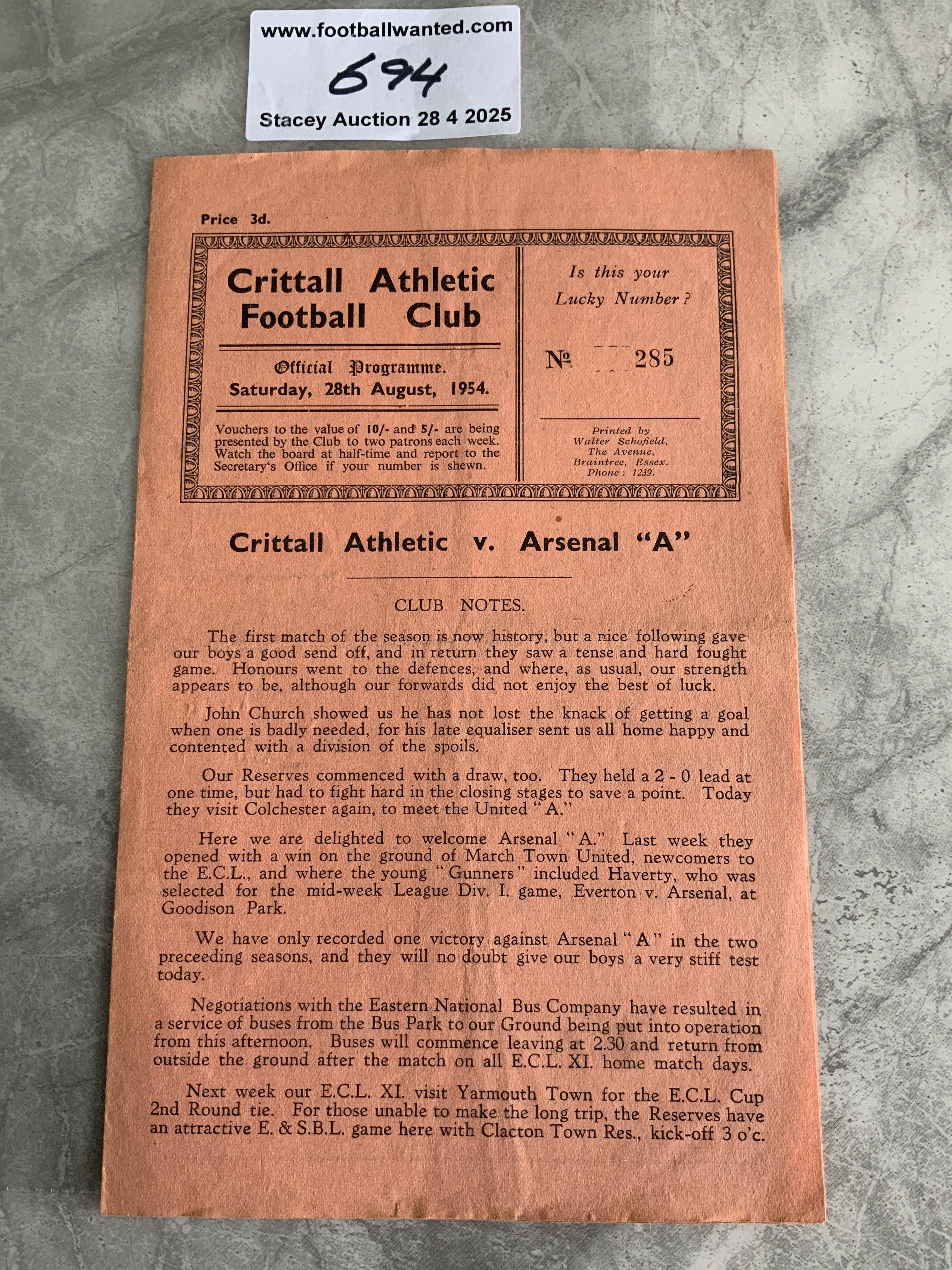54/55 Crittall Athletic v Arsenal A Football Programme: Very good condition Eastern Counties League programme with team changes and score to team page. Dated 28 8 1954.