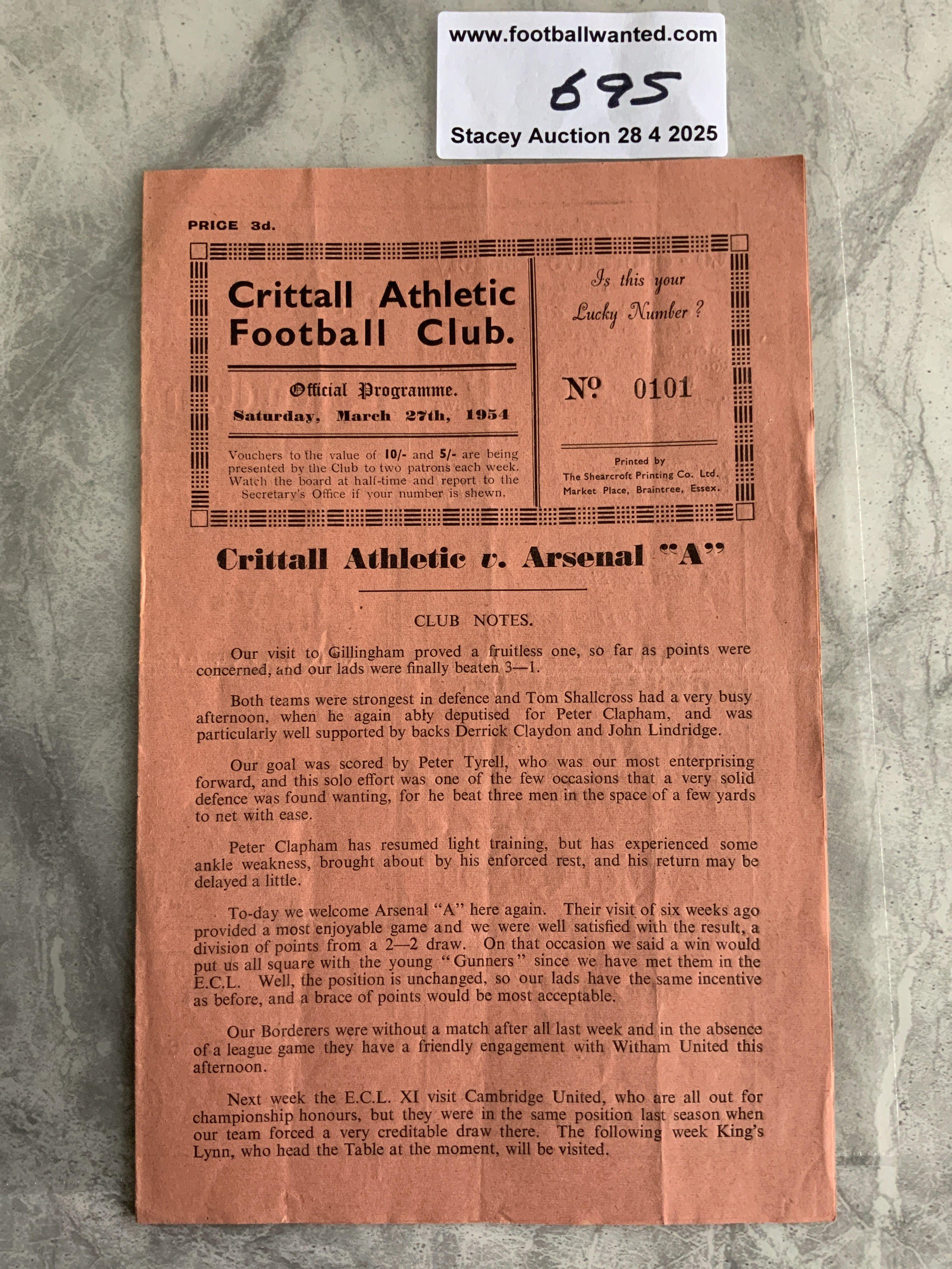 53/54 Crittall Athletic v Arsenal A Football Programme: Very good condition Eastern Counties League programme with one team change and score to team page. Dated 27 3 1954.