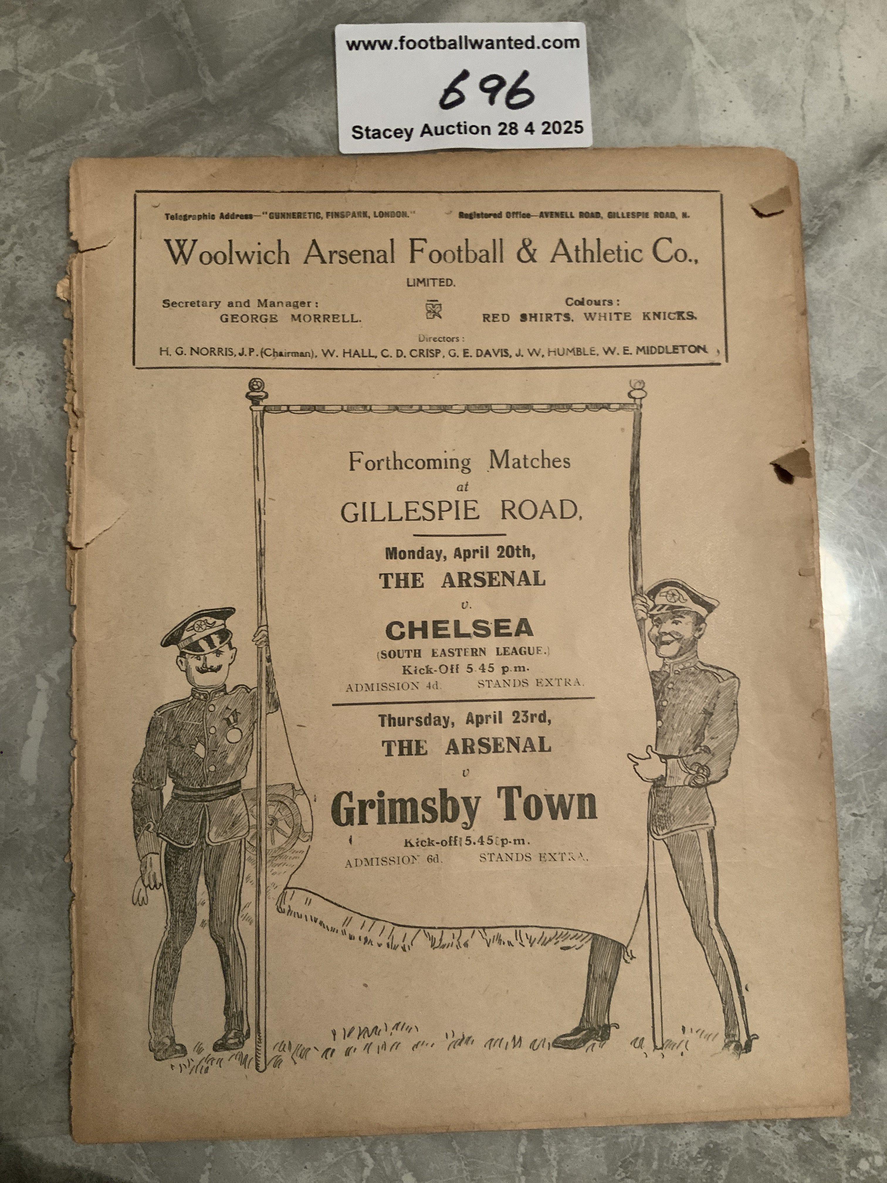 1913 - 1914 Woolwich Arsenal Football Programme: 2nd division match v Clapton Orient doubling up as Chelsea reserves from the South Eastern League. No covers as ex bound with pages separated and small cutting removed inside. (1)