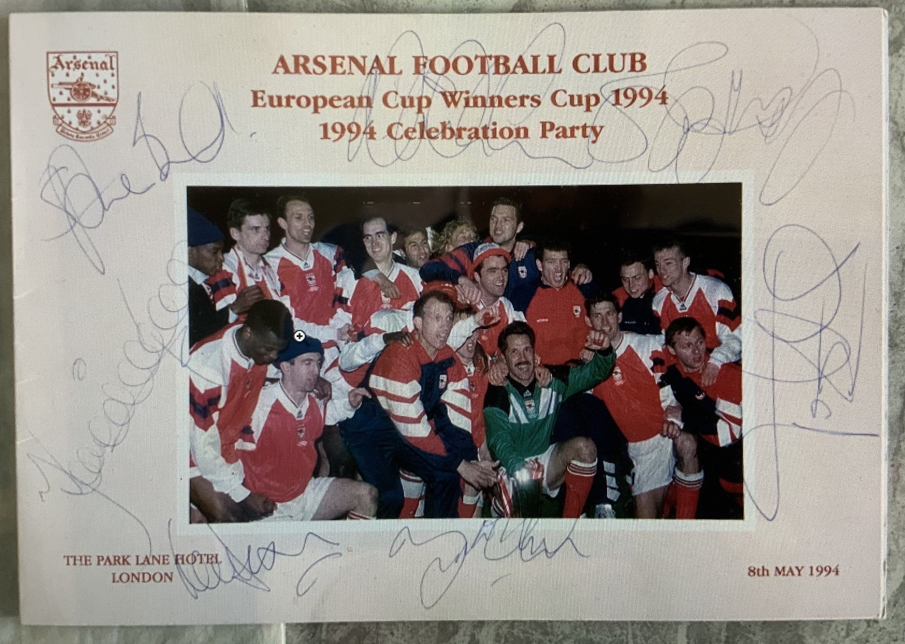 1994 Arsenal ECWC Final Signed Football Celebration Menu: Held 4 days after defeating Malmo in Denmark and held at The Park Lane Hotel London. Signed throughout by 17 including Seaman Bould Merson and winning goalscorer Smith.
