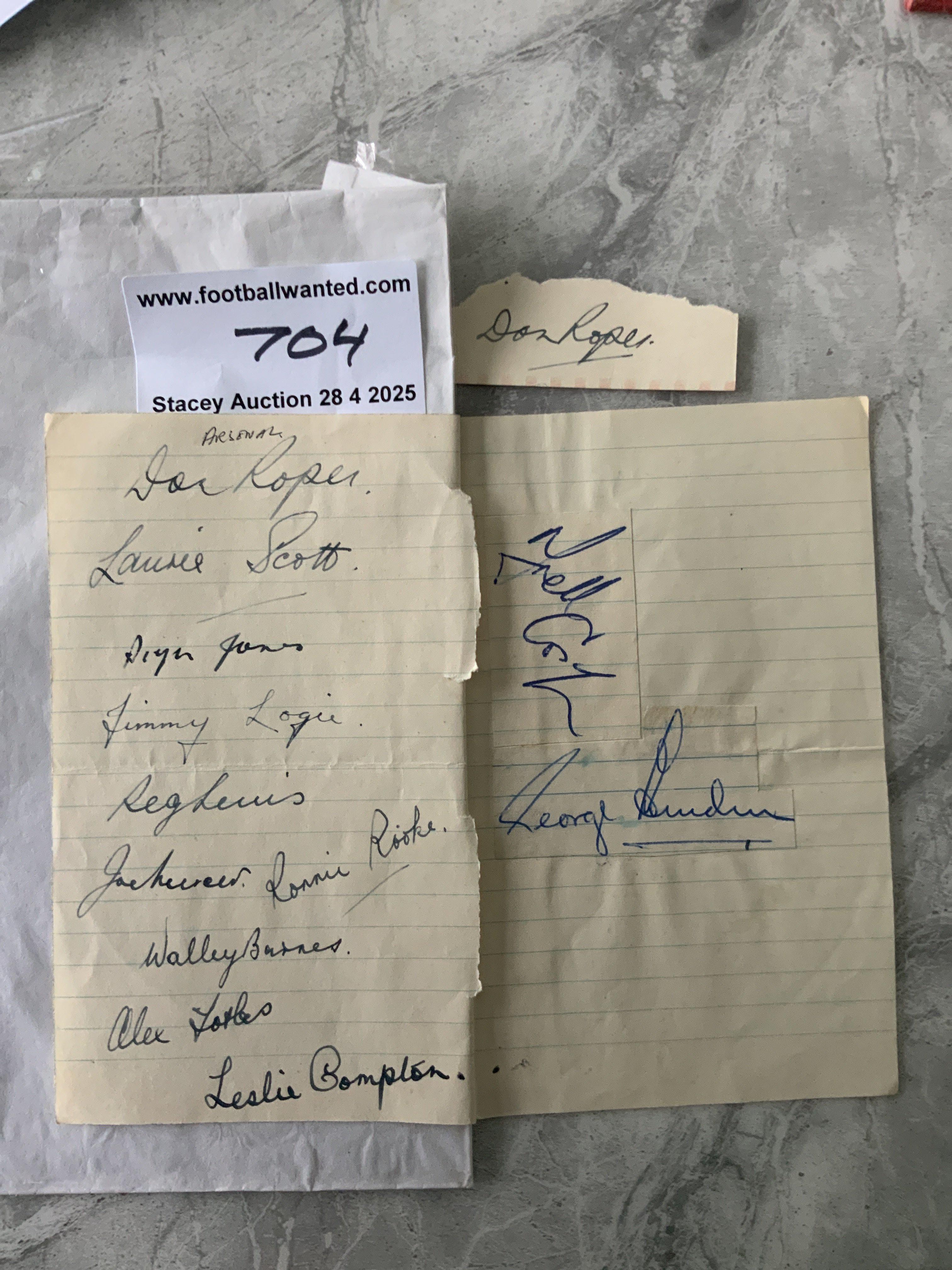 47/48 Arsenal ( Champions ) Football Autographs: Exercise book page signed by 10 of the 1st division league winners including top goalscorer Rooke plus Scott Barnes L Compton Logie Lewis and Roper. Additionally there are 3 autographs to include goalkeeper SwIndin.