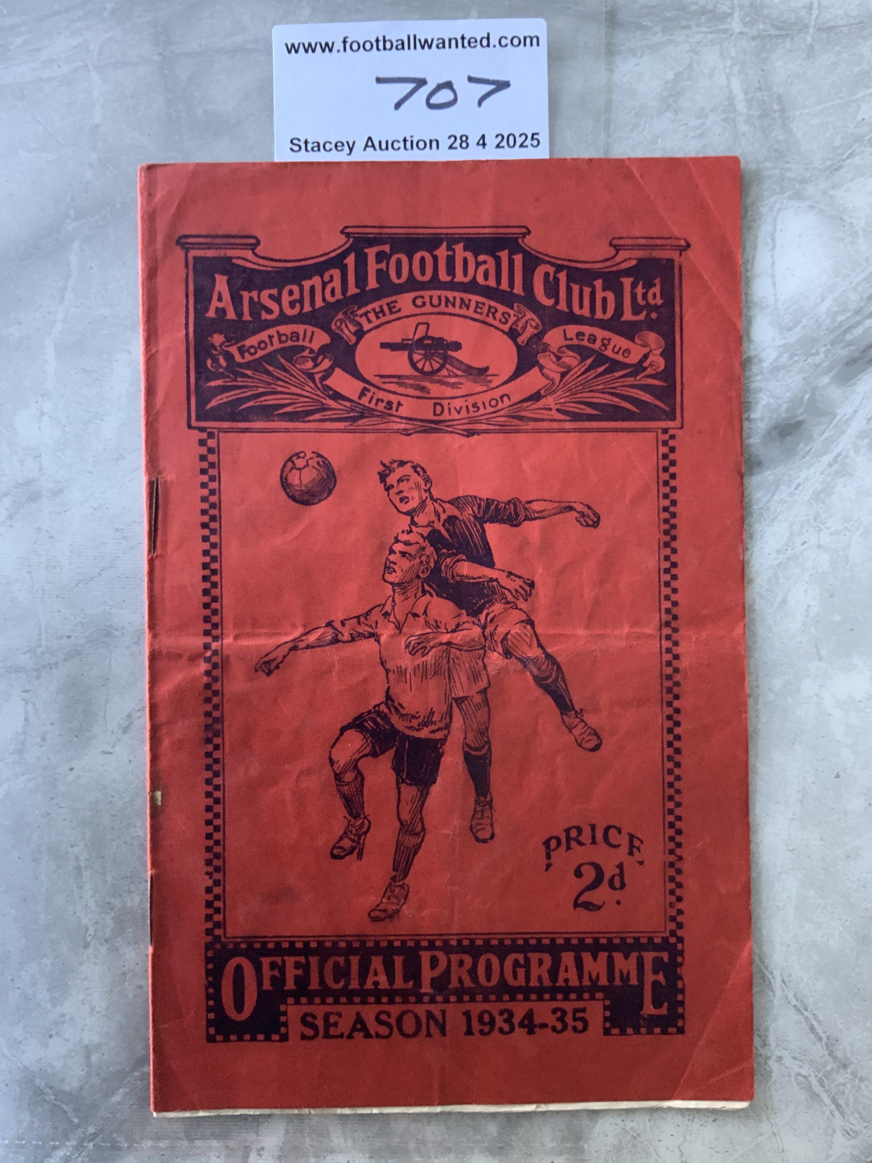 34/35 Arsenal v Huddersfield Town Football Programme: Arsenal were champions this season. Programme has writing to team page inside. Fair/good.