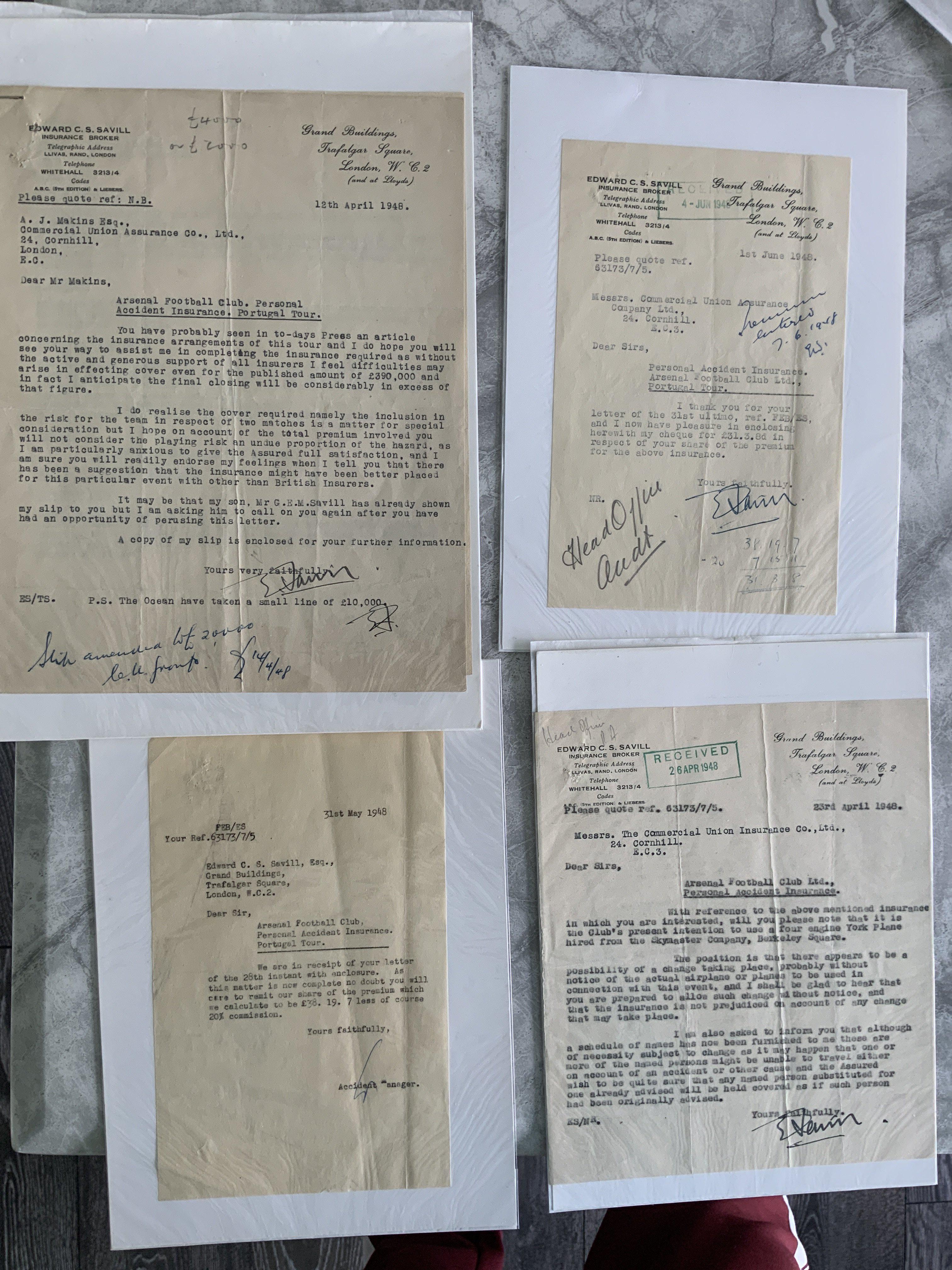 Arsenal 1948 Portugal Tour Club Paperwork: One off chance to obtain 12 letters from insurer to Arsenal regarding the travelling parties insurance arrangements. Interesting.