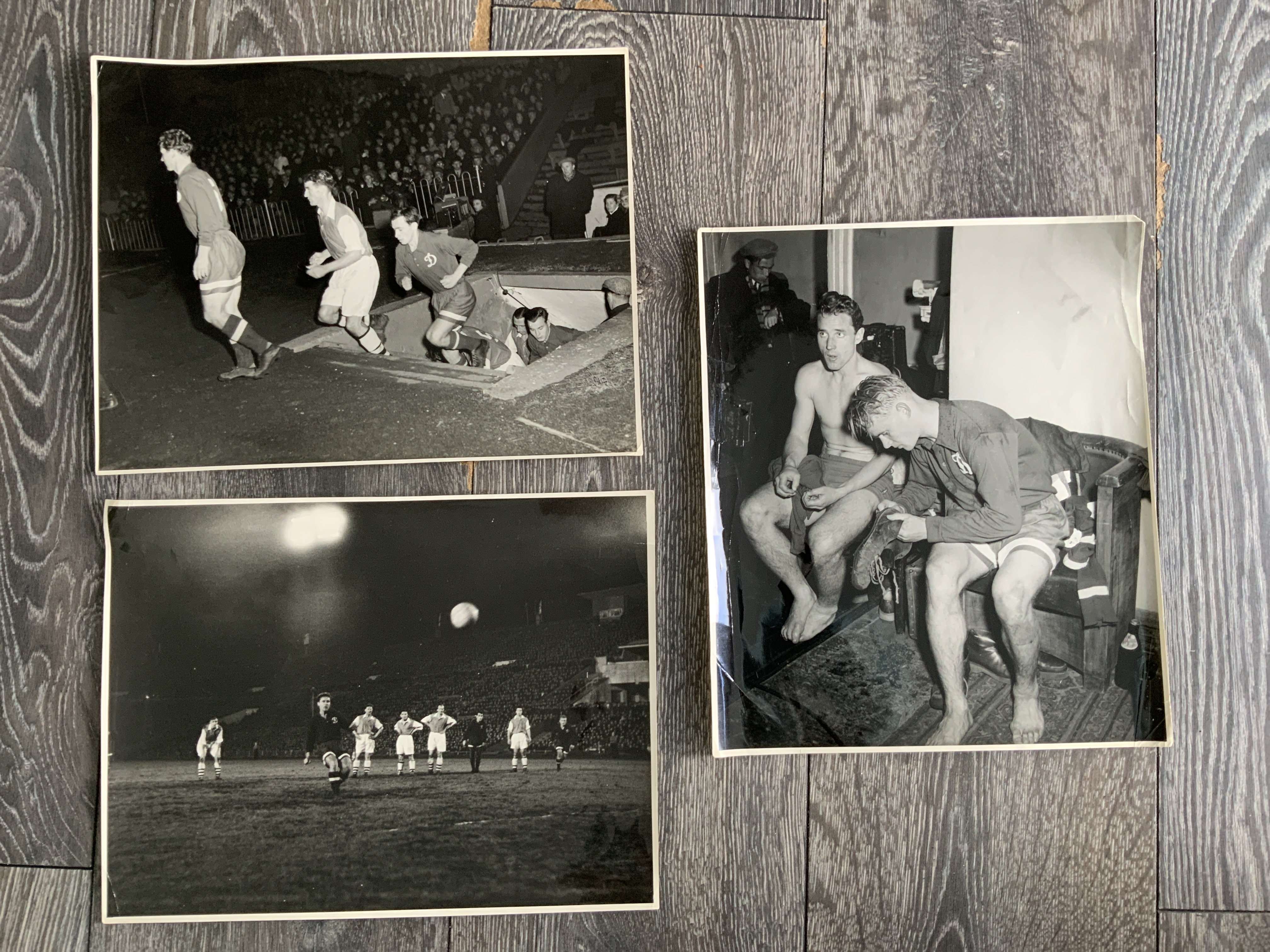 1954 Arsenal v Moscow Dynamo Press Photos: Original 12 x 10 inch press photos with press stamps to rear. First English club to play in Russia.
